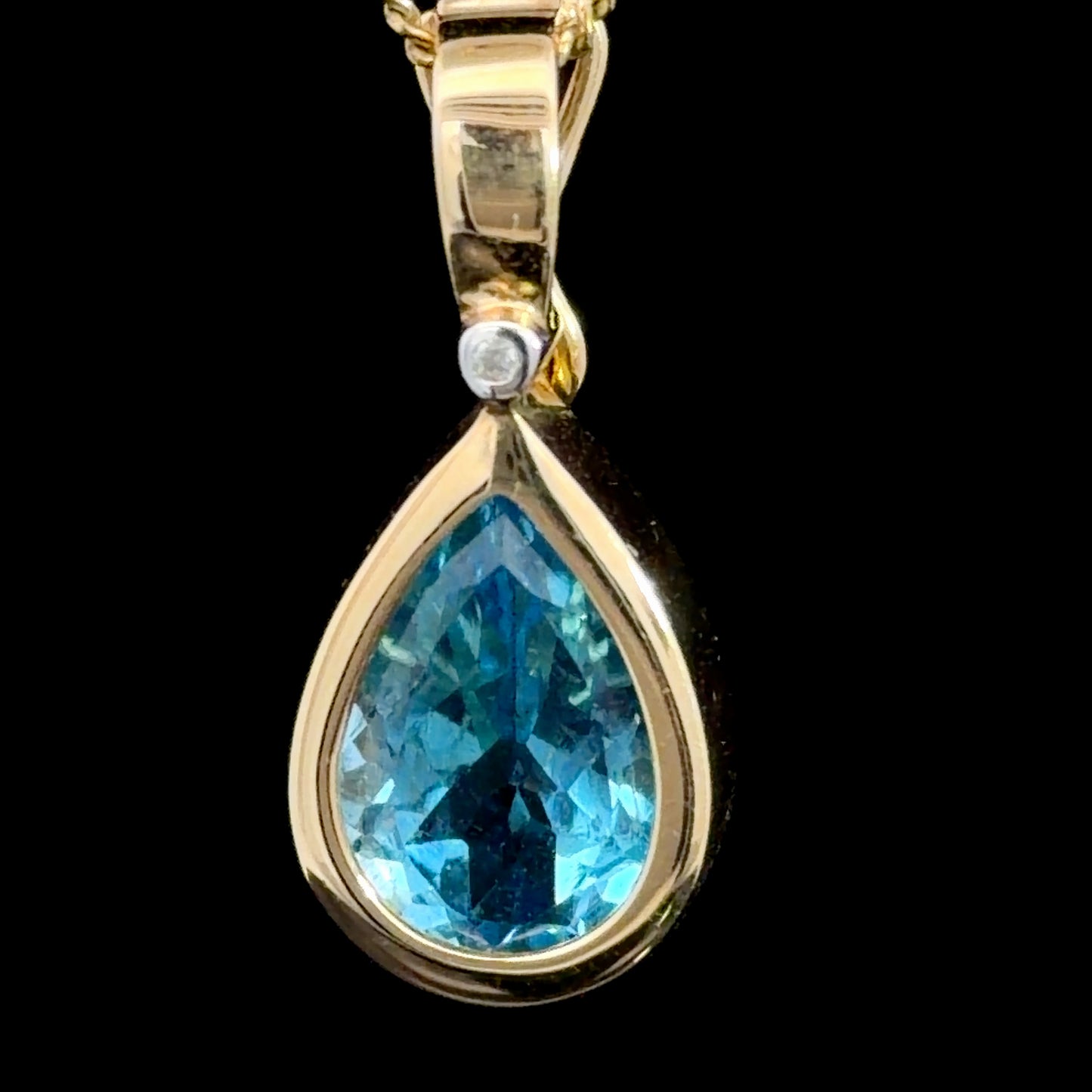 Beautiful 14k Yellow Gold Bezel Set Blue Topaz Pear & Diamond Pendant (Pendant Only)