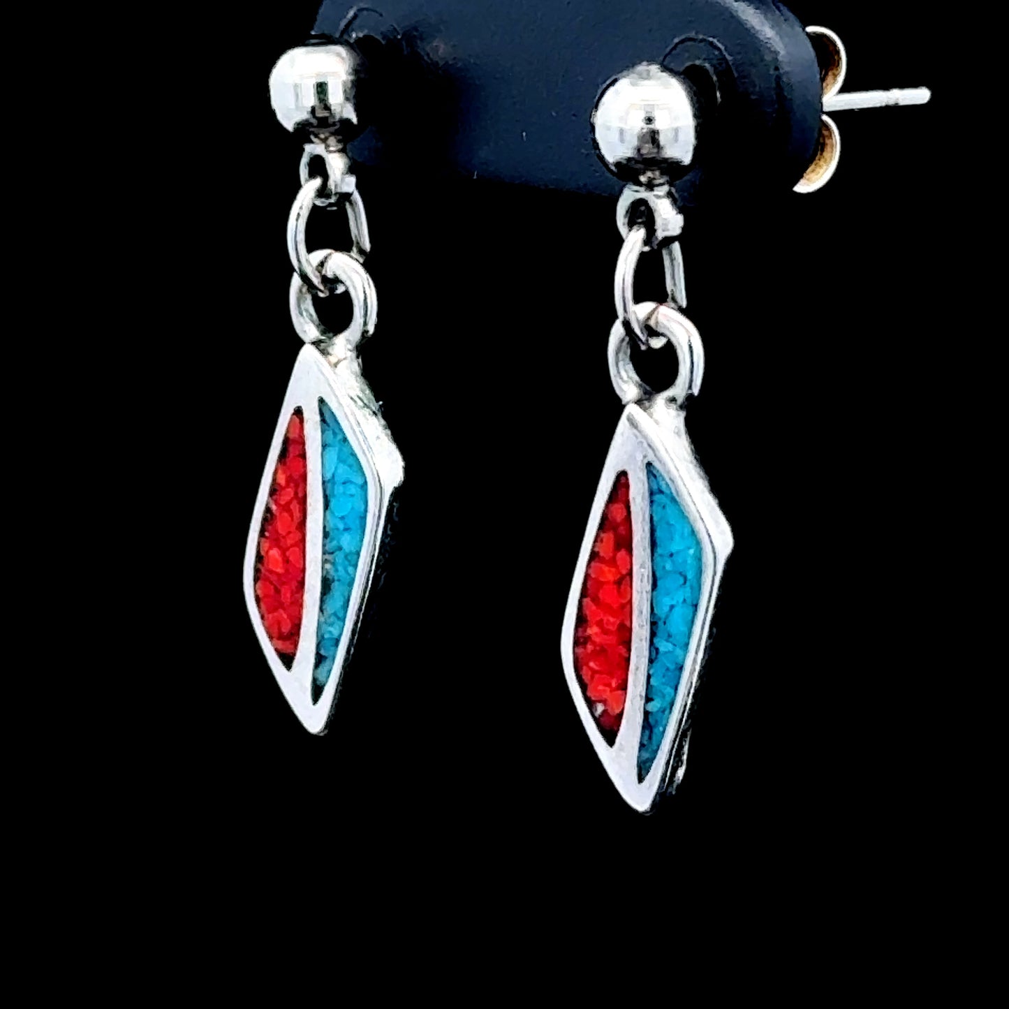 Silver with Mosaics of Coral & Turquoise Dangle Studs