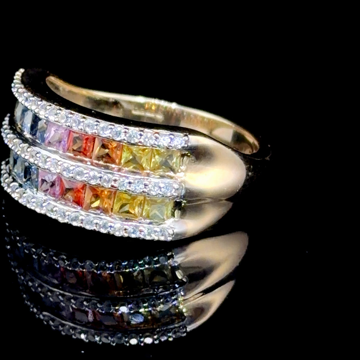 Stunning 9k Yellow Gold Double Row White & Multi-Colour Sapphire Ring