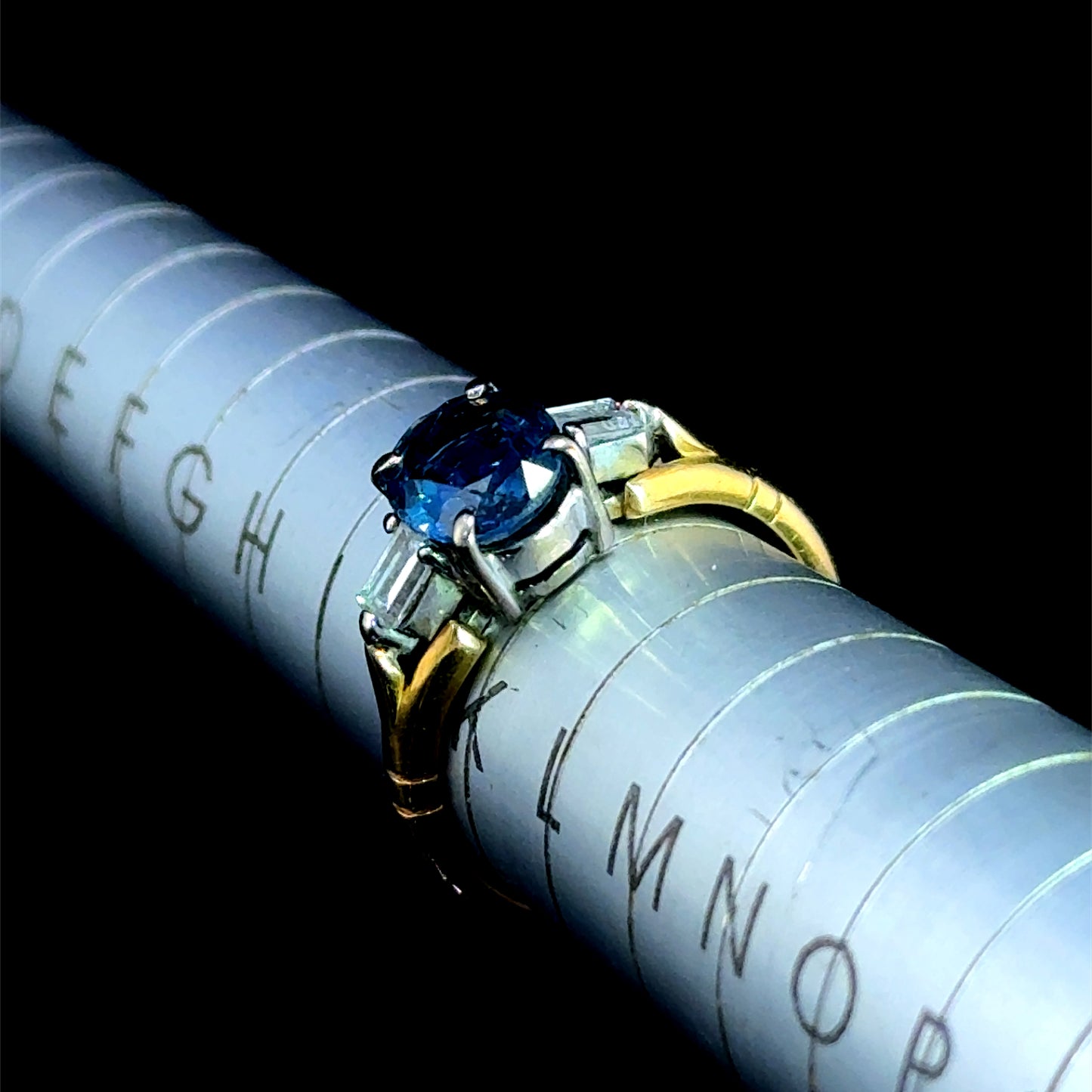 18K Yellow Gold & White Gold Sapphire & Baguette Diamond Trilogy Ring CERTIFIED S: 1.60 CTS D: 0.28 CTS