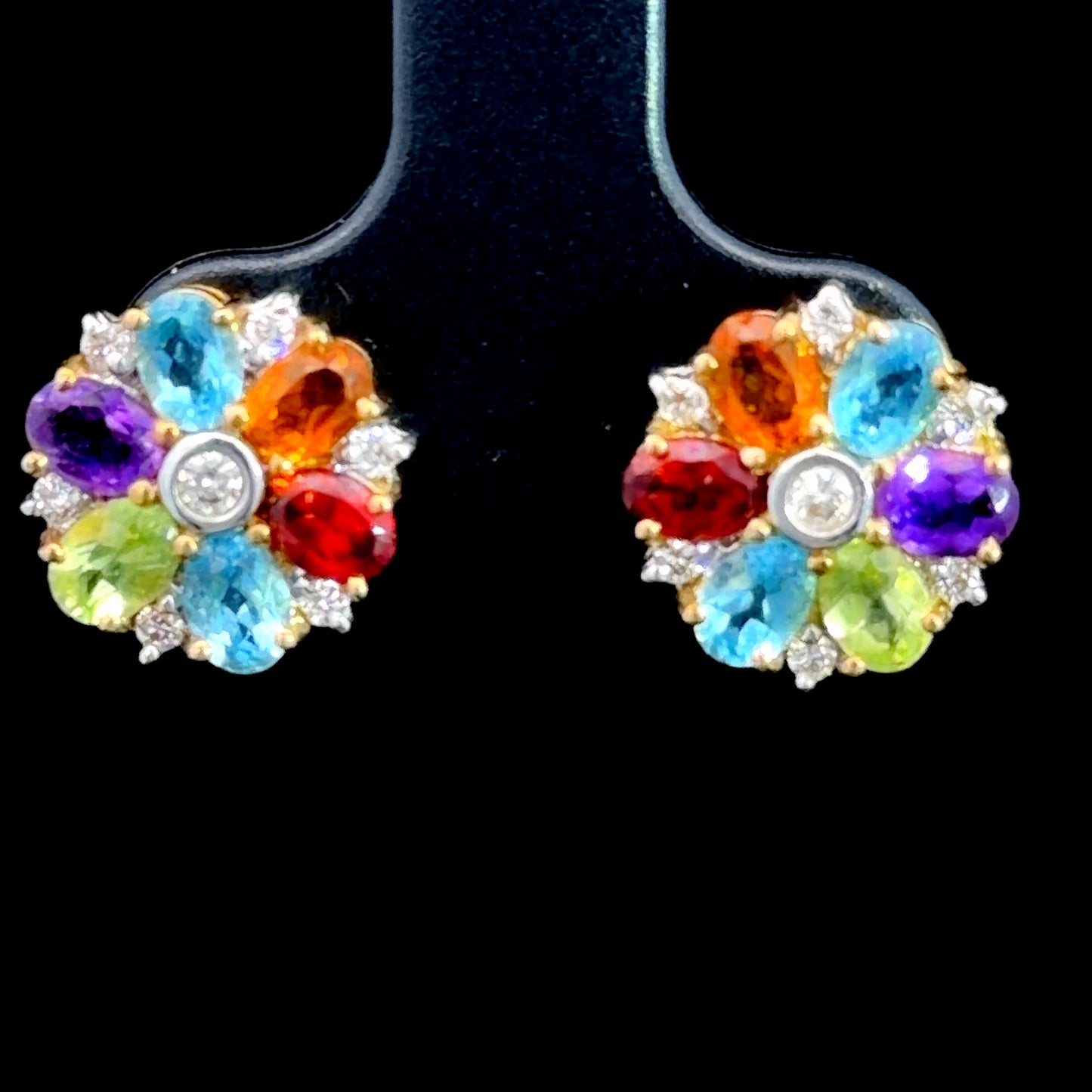 18k Yellow Gold Multicolour Sapphire Flower Stud Earrings