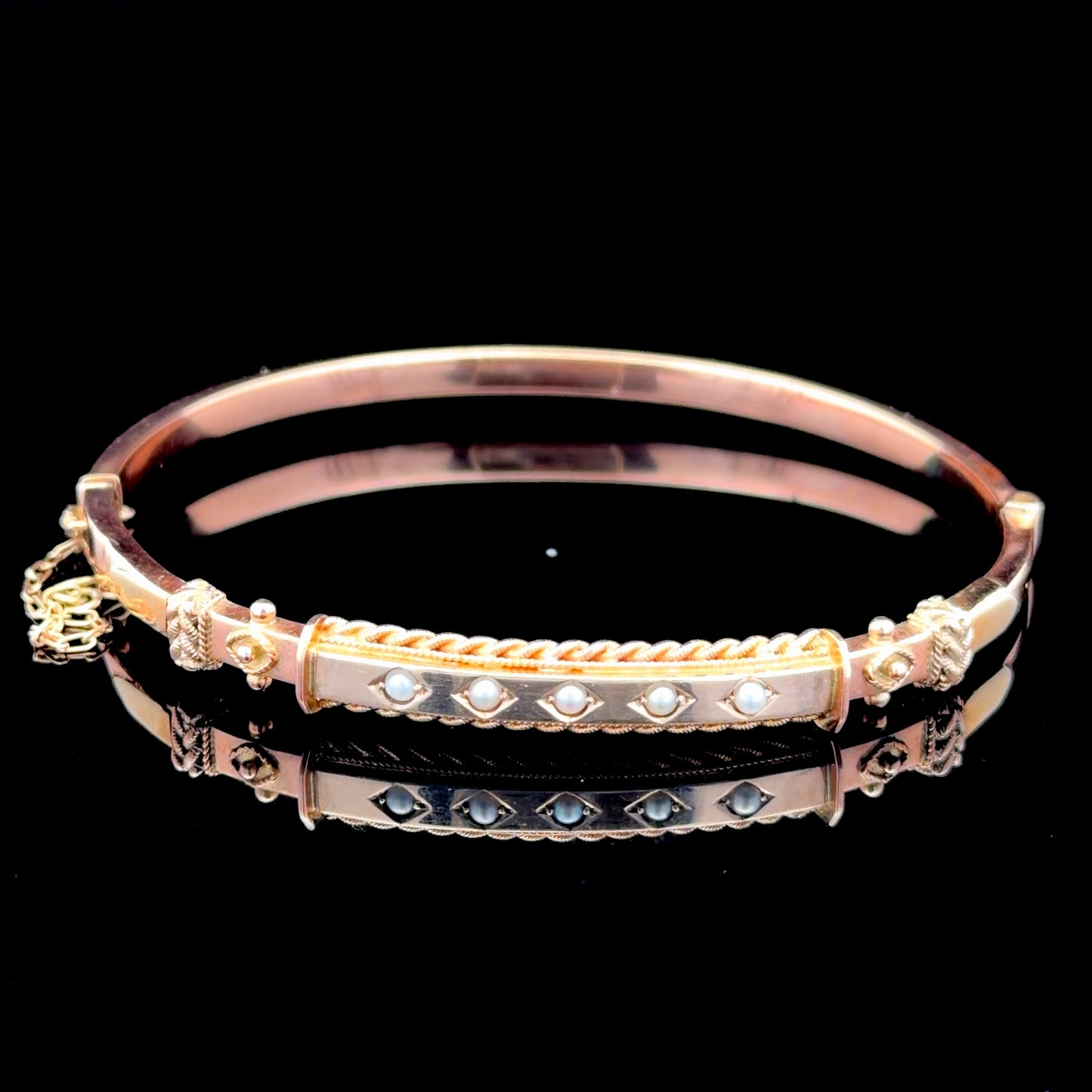 9k Rose Gold & Pearl Edwardian Bangle Rope Twist Design with Safety Chain