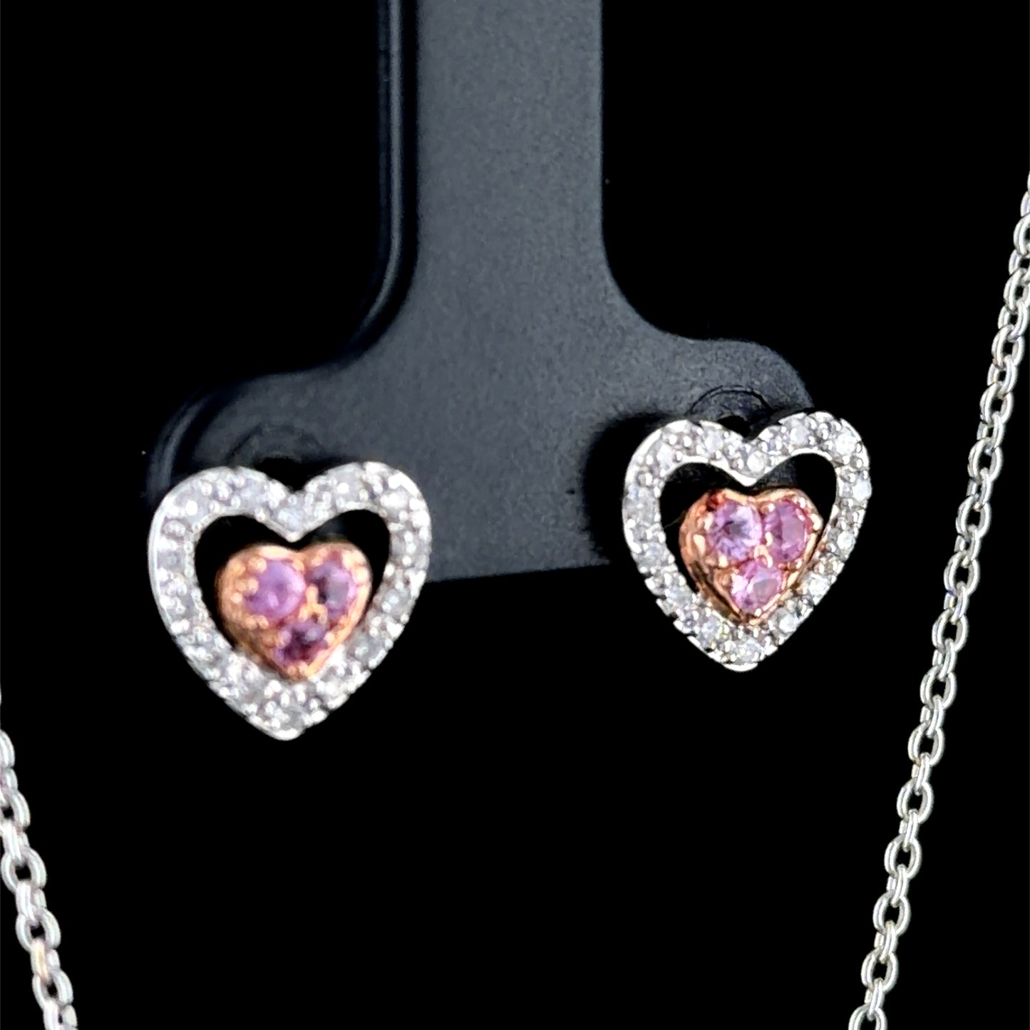 Sweet 14 k White & Rose Gold Diamond & Pink Sapphire Drop Pendant & Heart Earring Suite