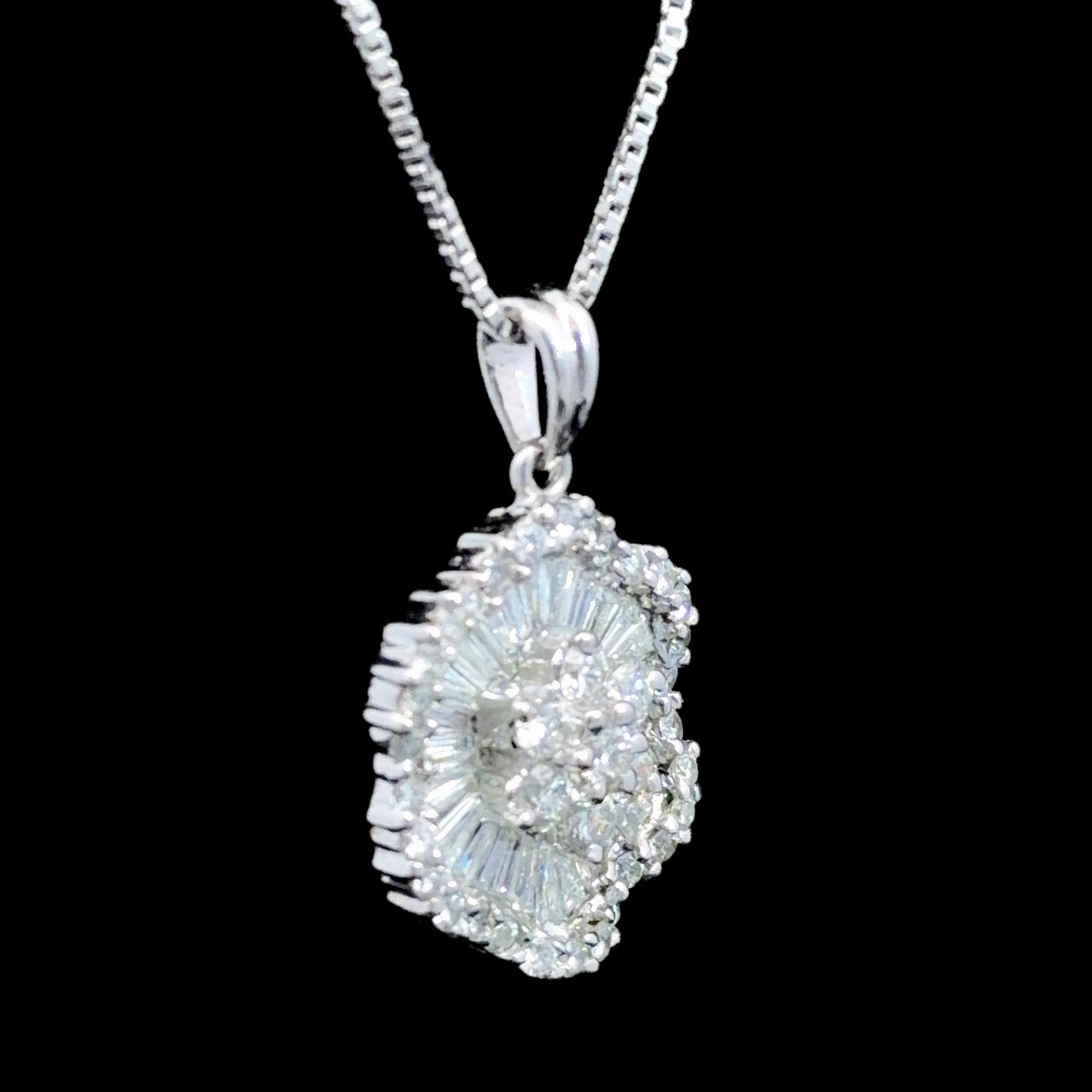 Gorgeous 18k White Gold Baguette & Round Cut Diamond Cluster Pendant With Box Chain Appx 1.2 Cts