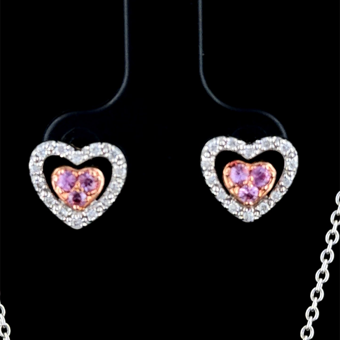 Sweet 14 k White & Rose Gold Diamond & Pink Sapphire Drop Pendant & Heart Earring Suite