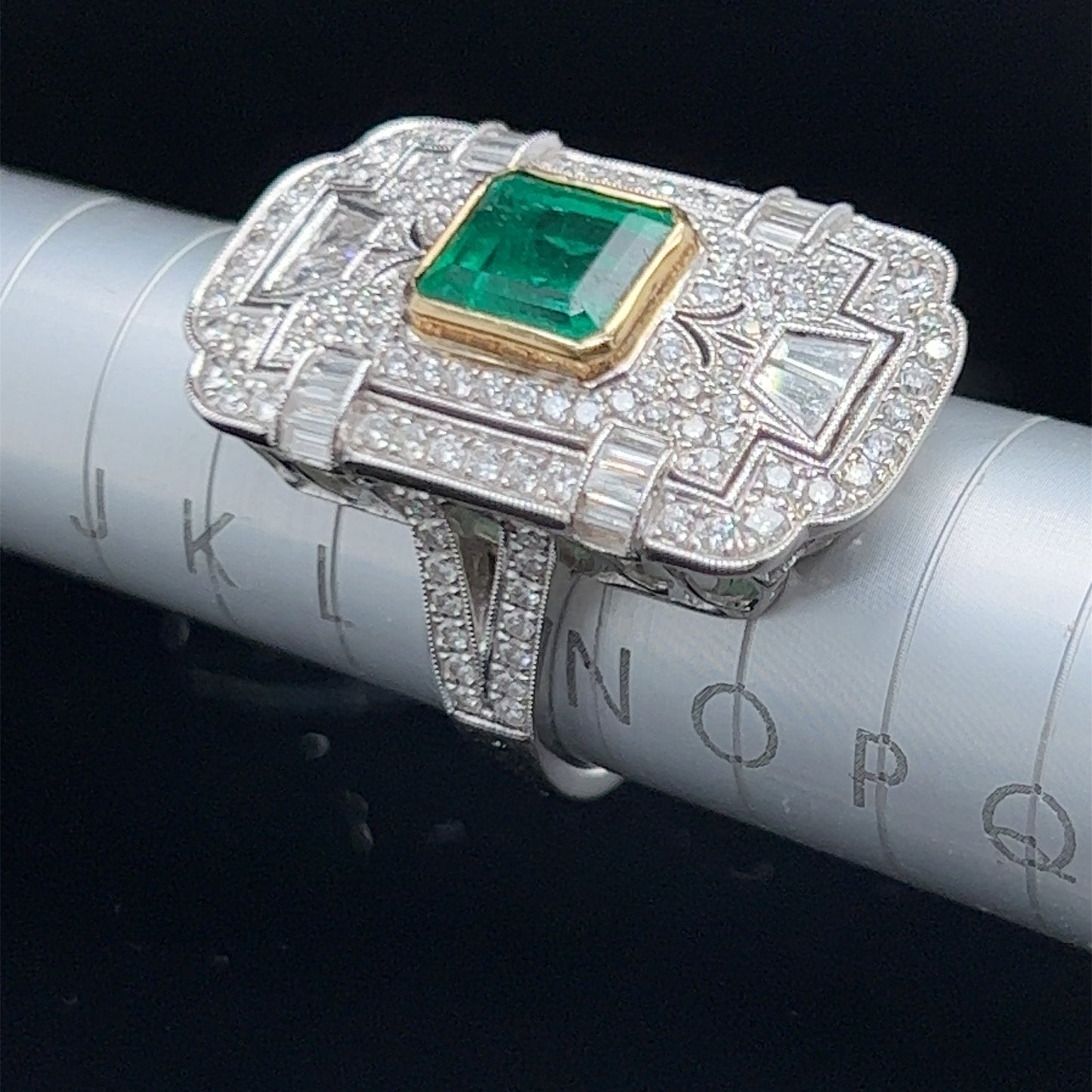 Spectacular 18k White Gold Diamond & Muzo Emerald Deco Style Ring Dia 2.0 Cts Emerald 2.0 Cts With Safeguard certification.