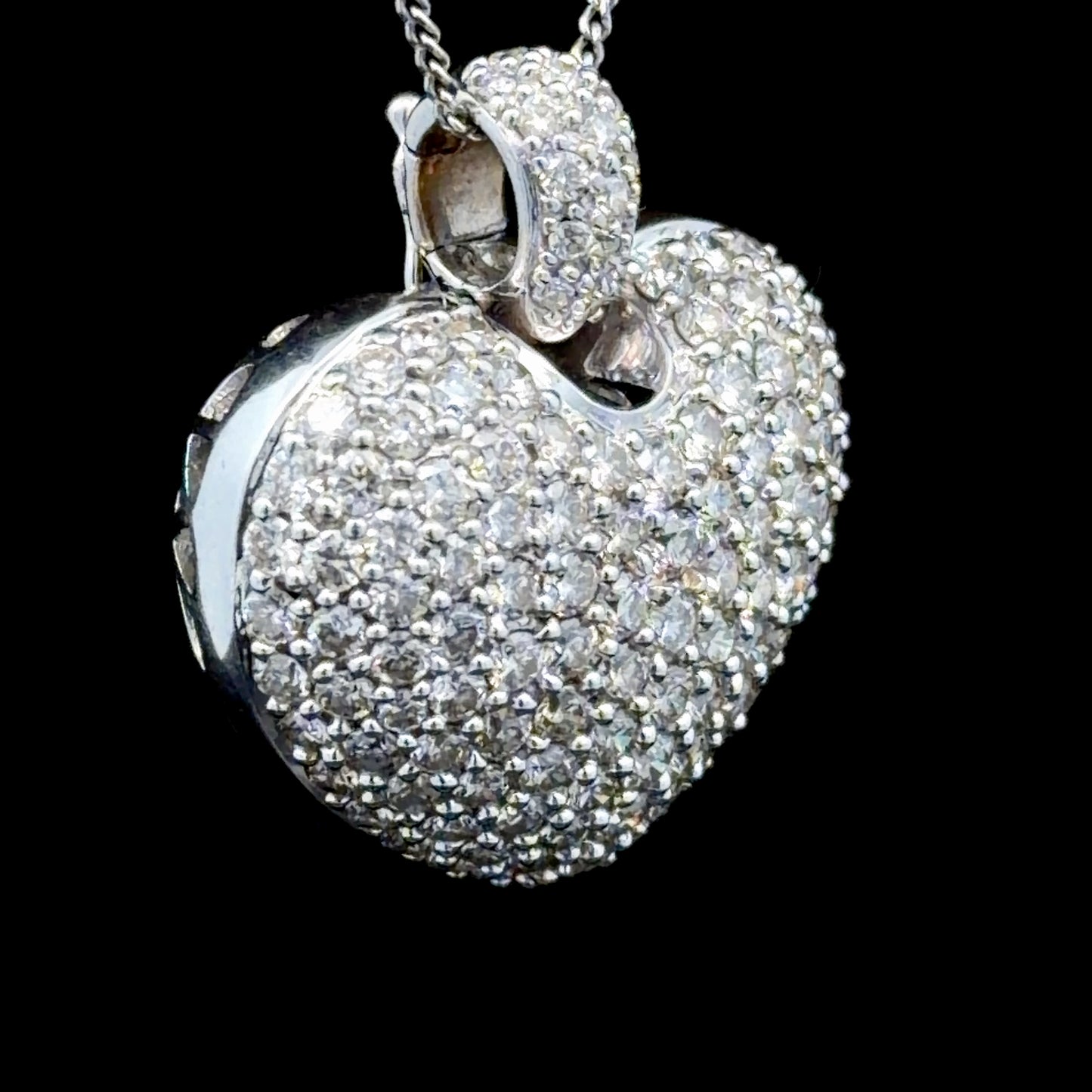 18k White Gold Pave’ Set Diamond Heart Pendant (Only) With Pierced Back Appx 3.0 Cts