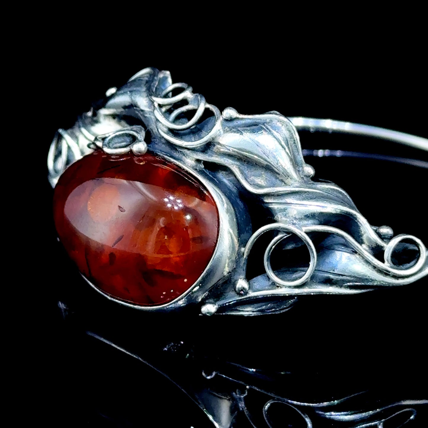Silver Art Nouveau Baltic Amber Bangle