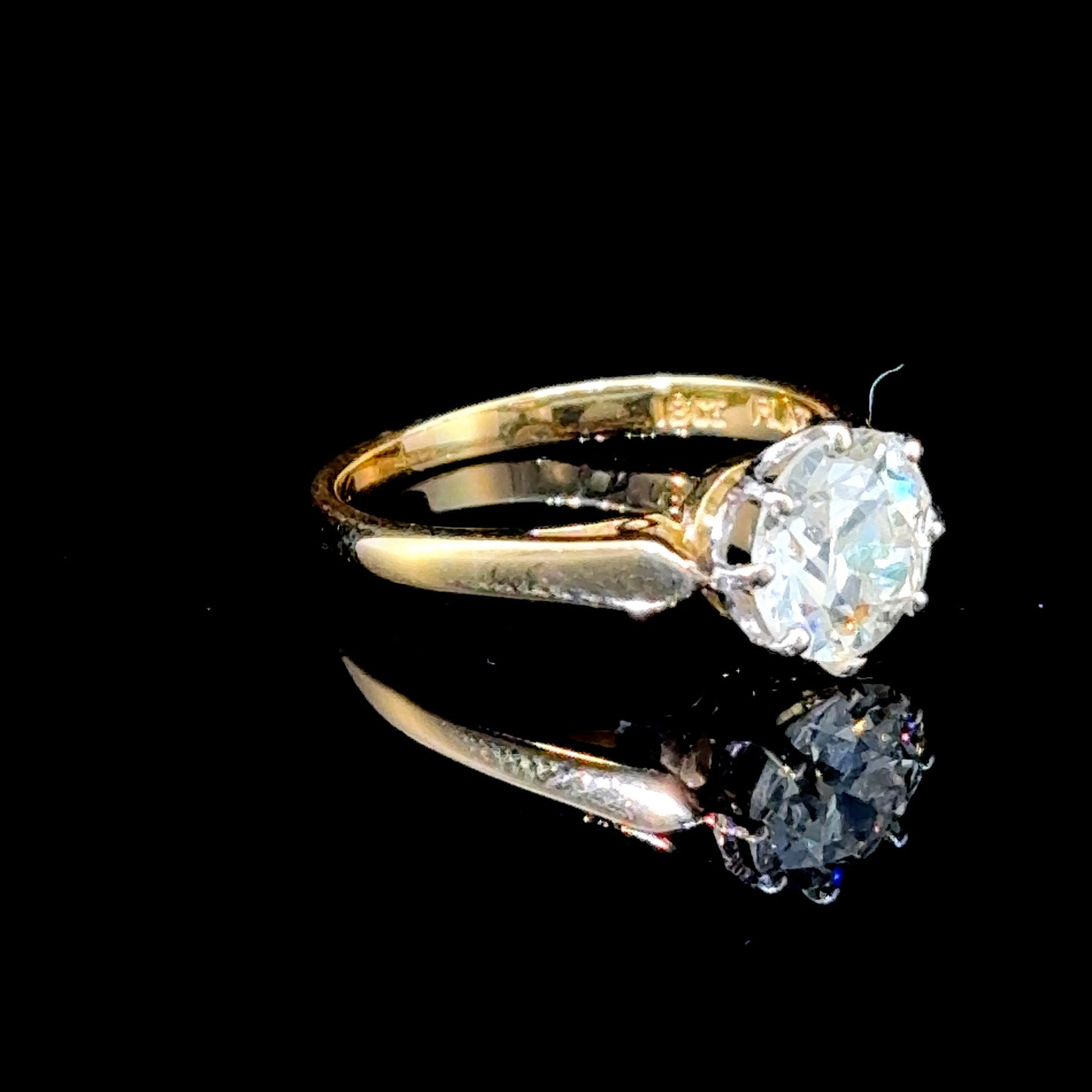 18K Yellow Gold Old Cut Diamond Solitaire Ring with Platinum Mount APPX 1.53 CTS