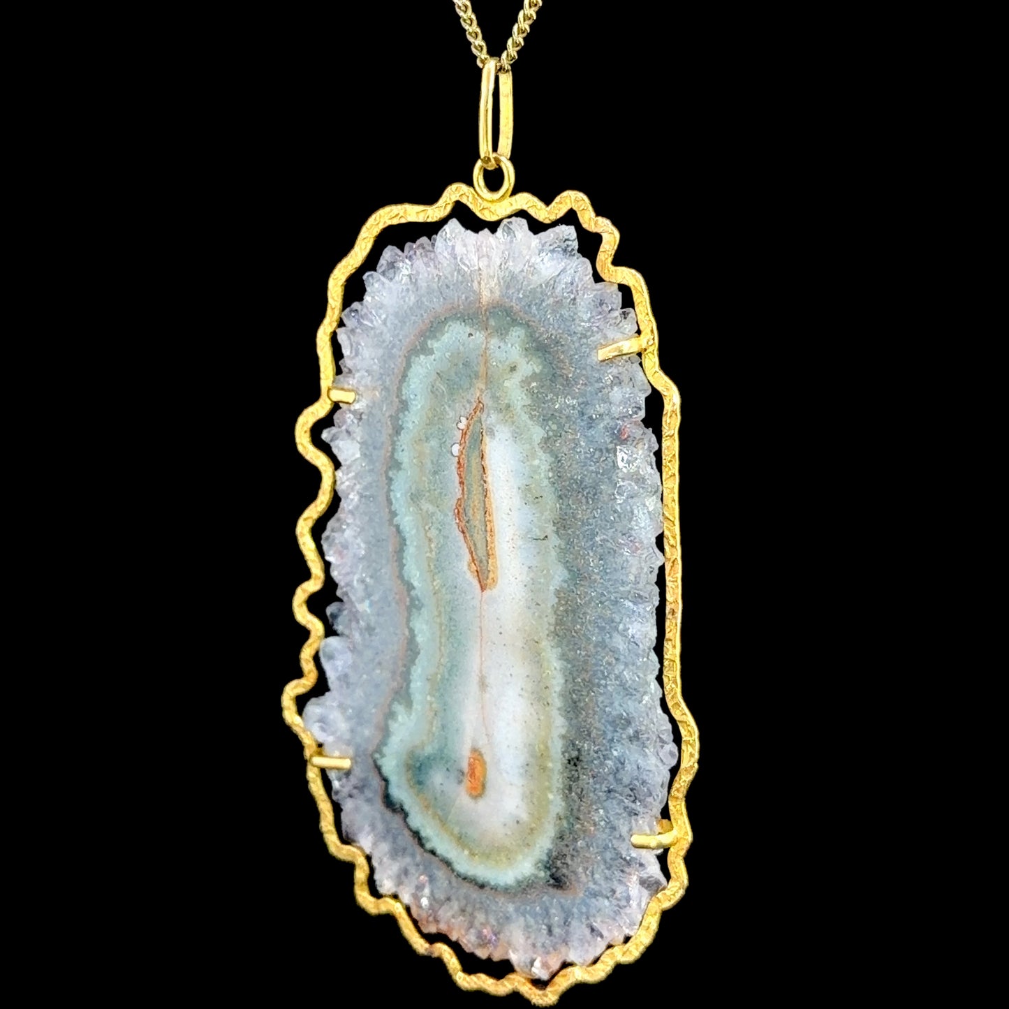 Stunning Large Agate Pendant In An 18k Yellow Gold Hand Made Hammered Edged Mount 3” Drop