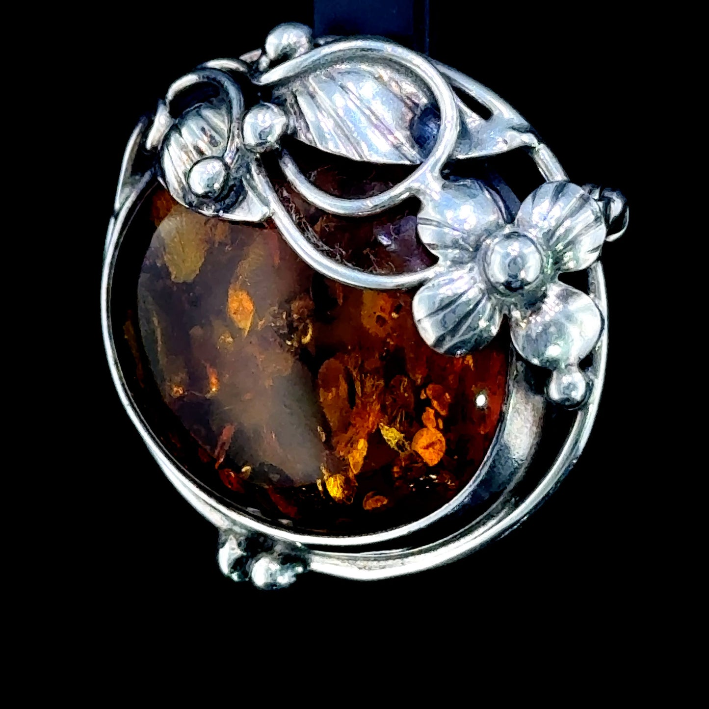 Silver Flower Vine Baltic Amber Brooch