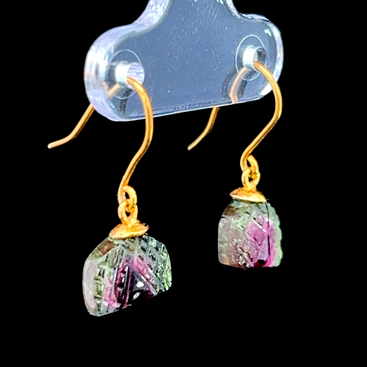 9K Yellow Gold Watermelon Tourmaline Hook Drop Earrings