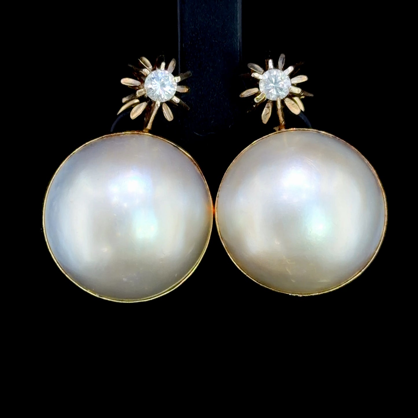 Spectacular Large 18k Yellow Gold MABE Pearl & Diamond Stud Earrings With Omega Clips