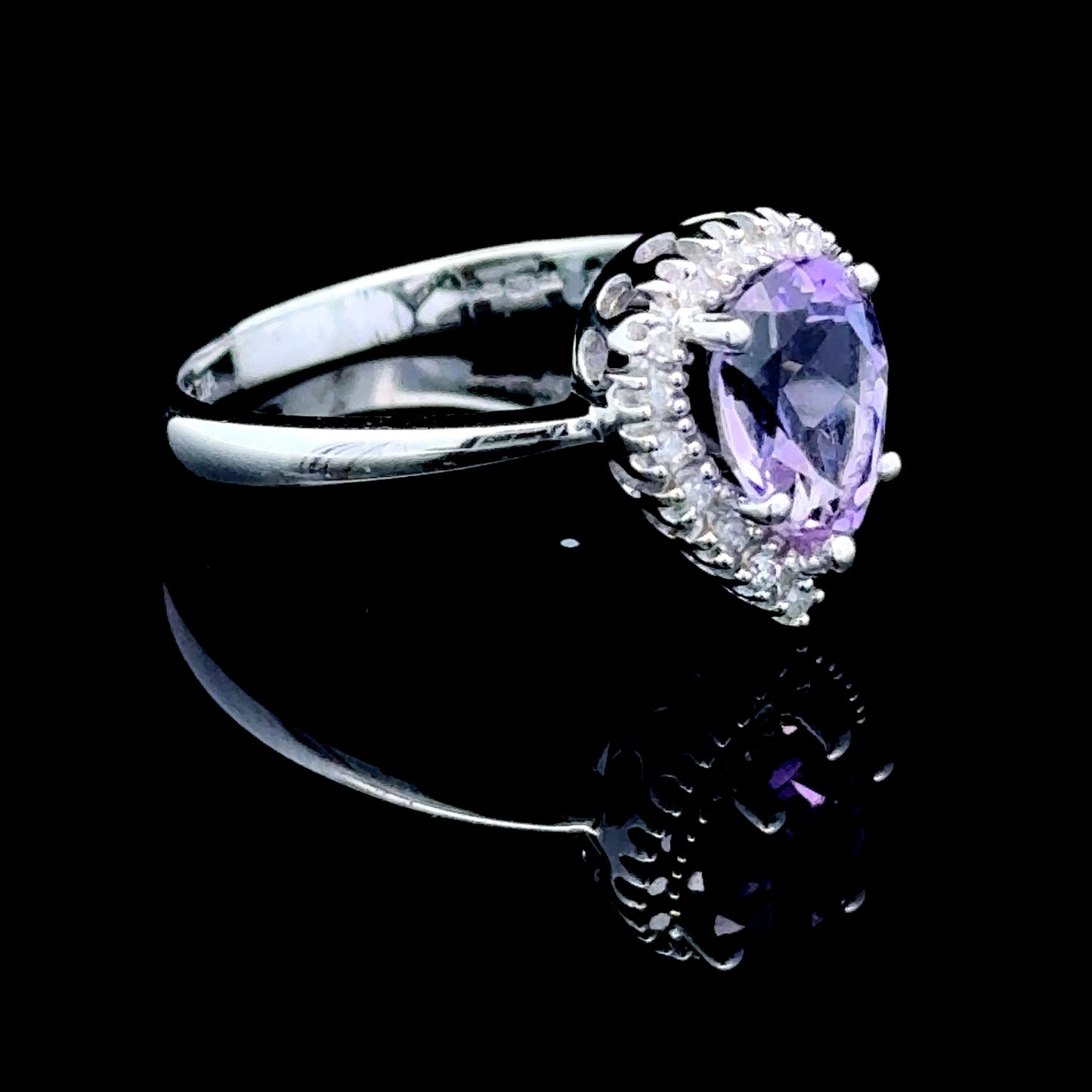 9K White Gold Pear Amethyst & Diamond Ring