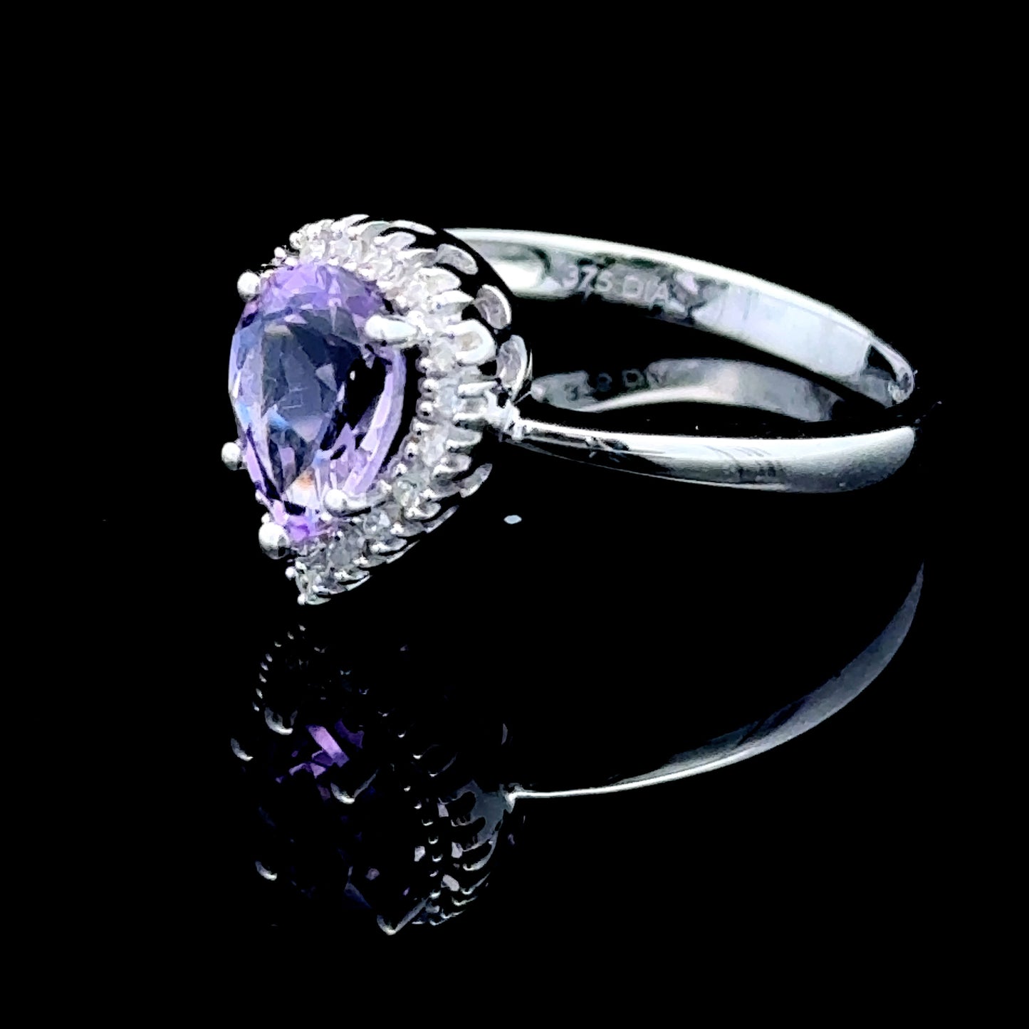 9K White Gold Pear Amethyst & Diamond Ring
