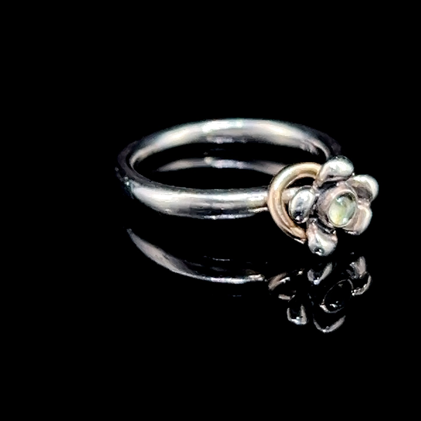 Silver Pandora Flower Ring with Blue Topaz & 14K Yellow Gold