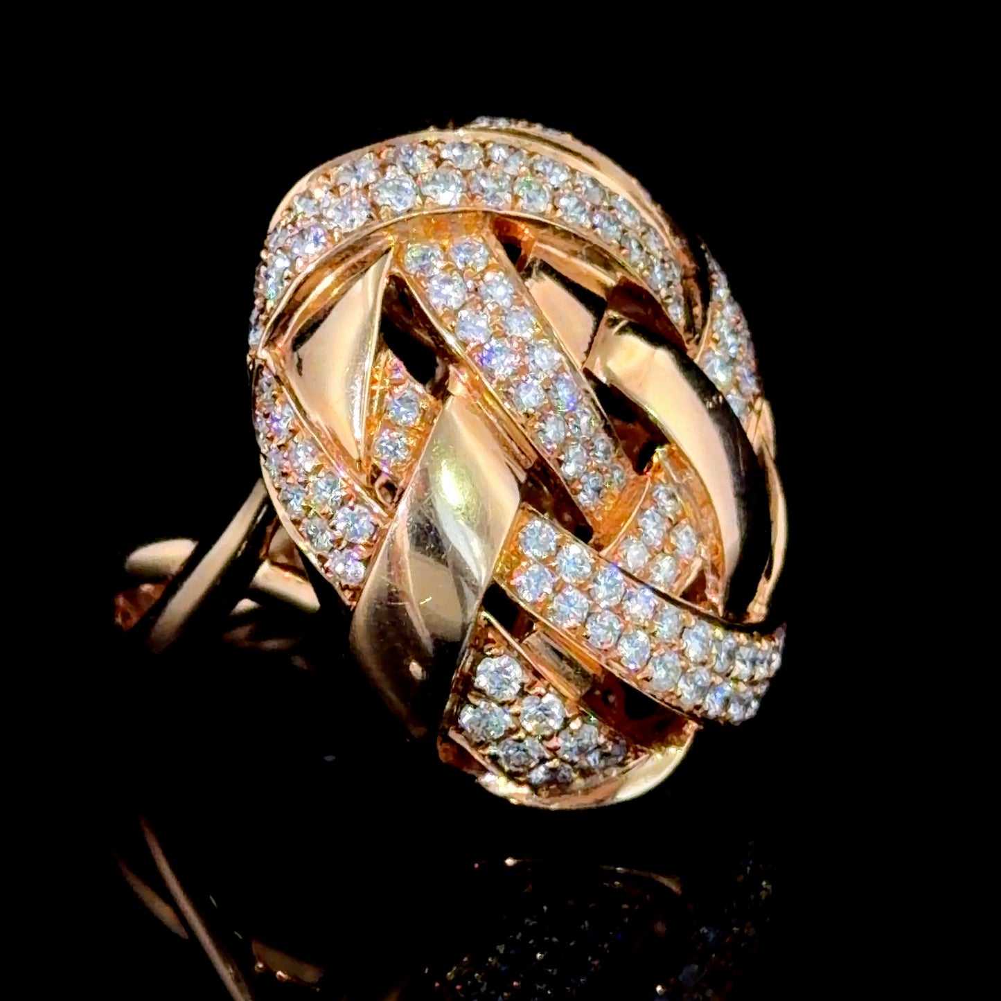 Stunning 18k Rose Gold Pave Diamond Woven Knot Ring By LTJ Hong Kong 125 Diamonds Appx 2.5 Cts