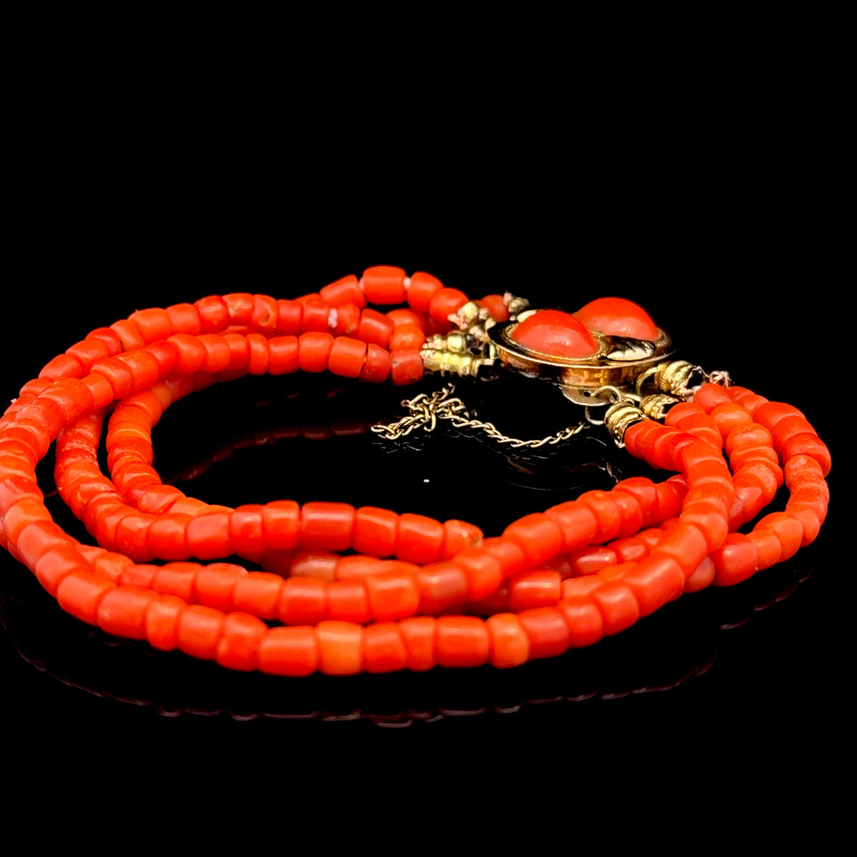 A Victorian 9k Rose Gold 4 Strand Coral Bracelet With Safety Chain To Clasp