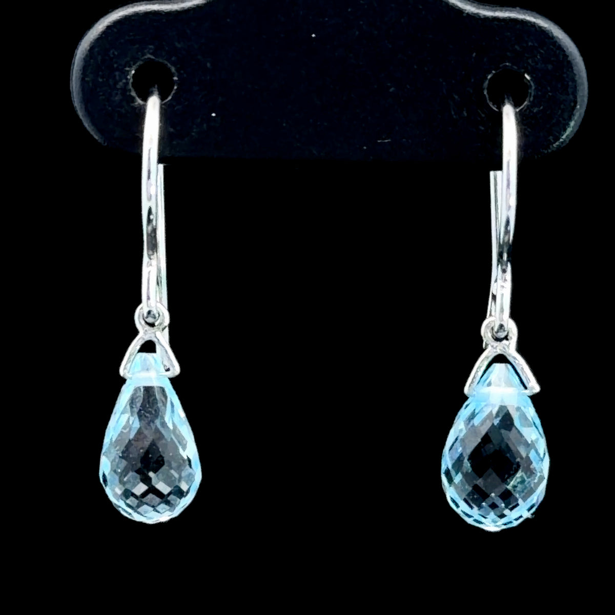 Pretty 9k White Gold & Blue Topaz Briolette Cut Drop Earrings With Hook Backs