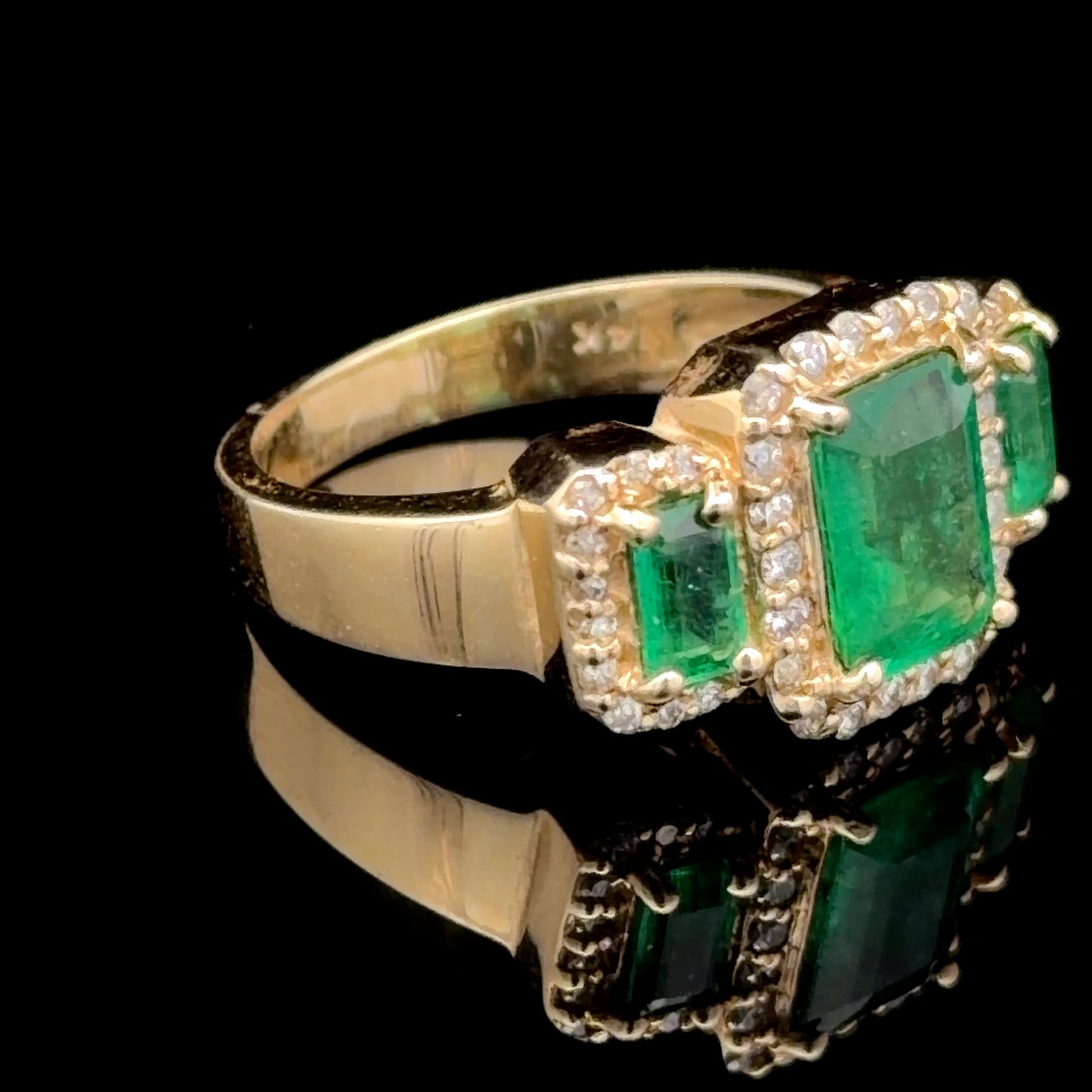 Stunning 14k Yellow Gold Emerald & Diamond Halo Trilogy Ring 2 Cts Emeralds
