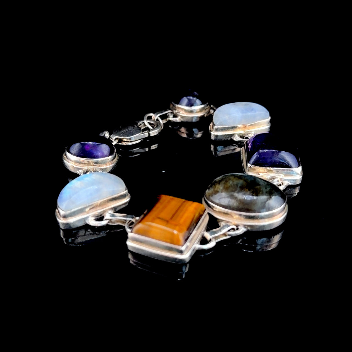Stunning Silver Gemstone Bracelet with Amethyst Tigers Eye Laboradite & Moonstone
