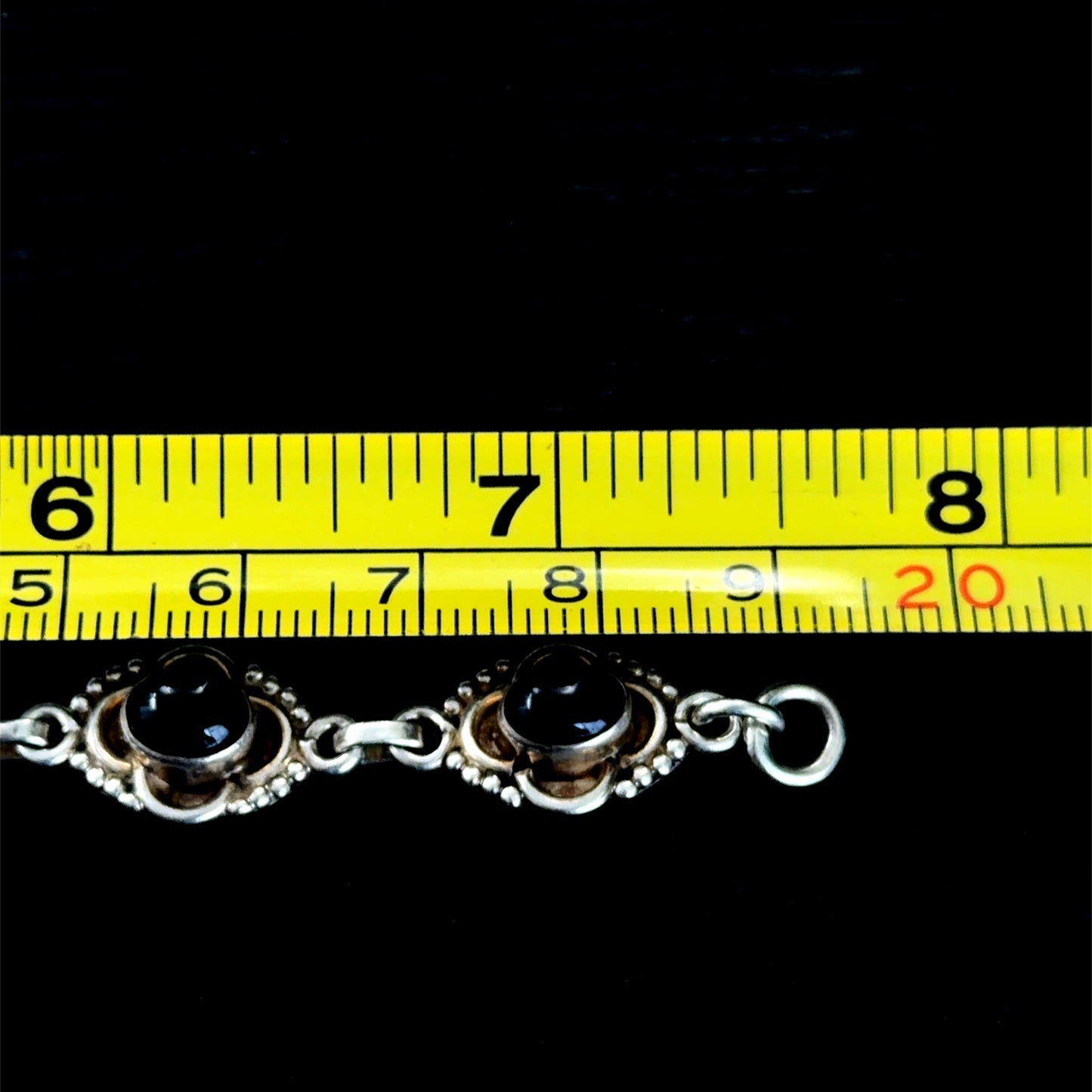 Silver & Cabochon Garnet Bracelet 7.5” Long