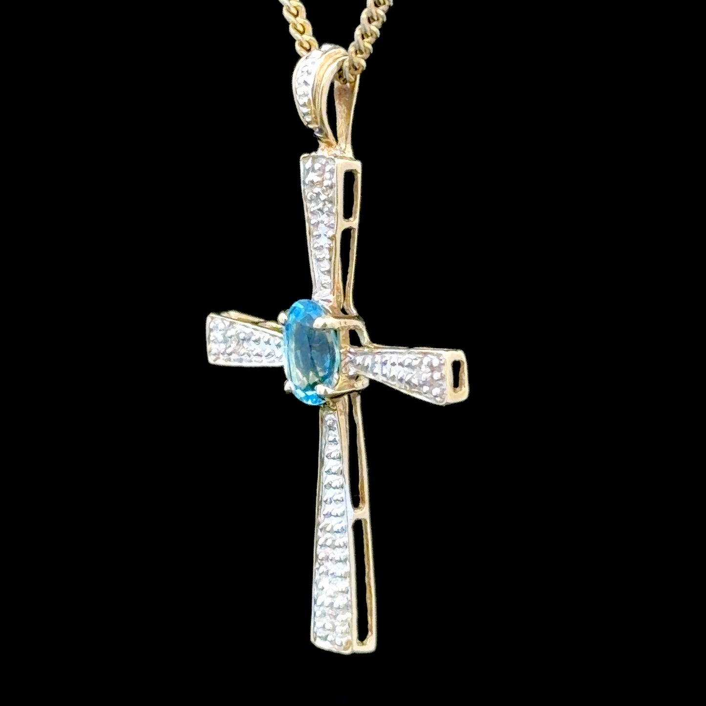 9k Oval Blue Topaz and Pave Diamond Yellow Gold Cross Pendant