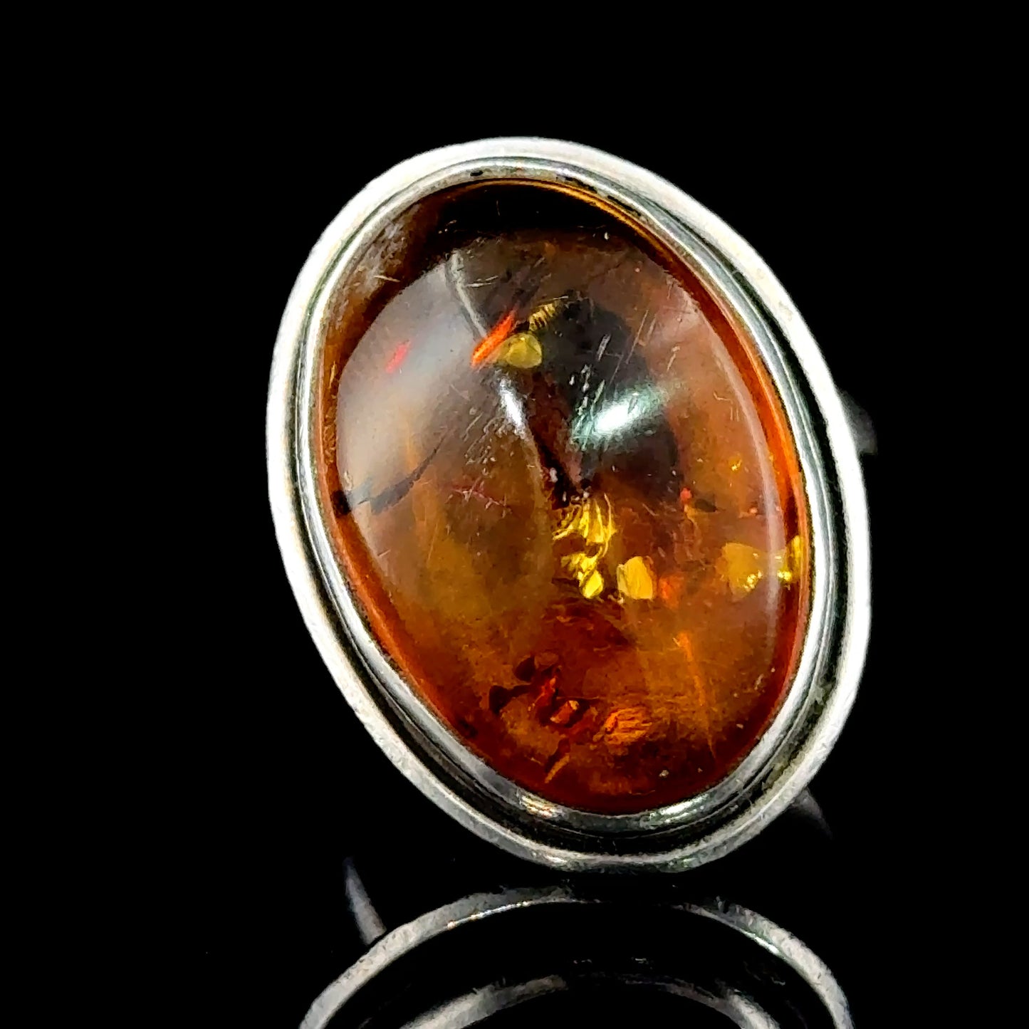 Silver Large Amber Ring