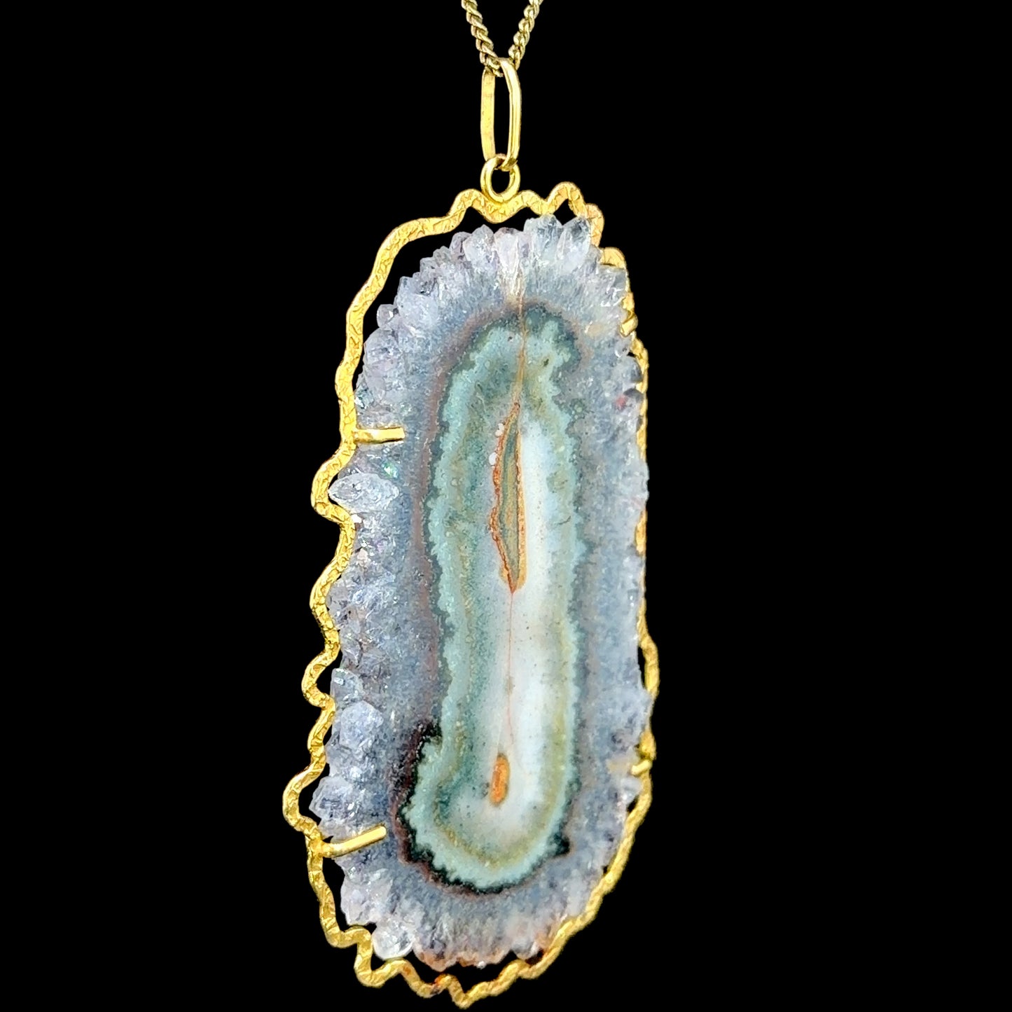 Stunning Large Agate Pendant In An 18k Yellow Gold Hand Made Hammered Edged Mount 3” Drop