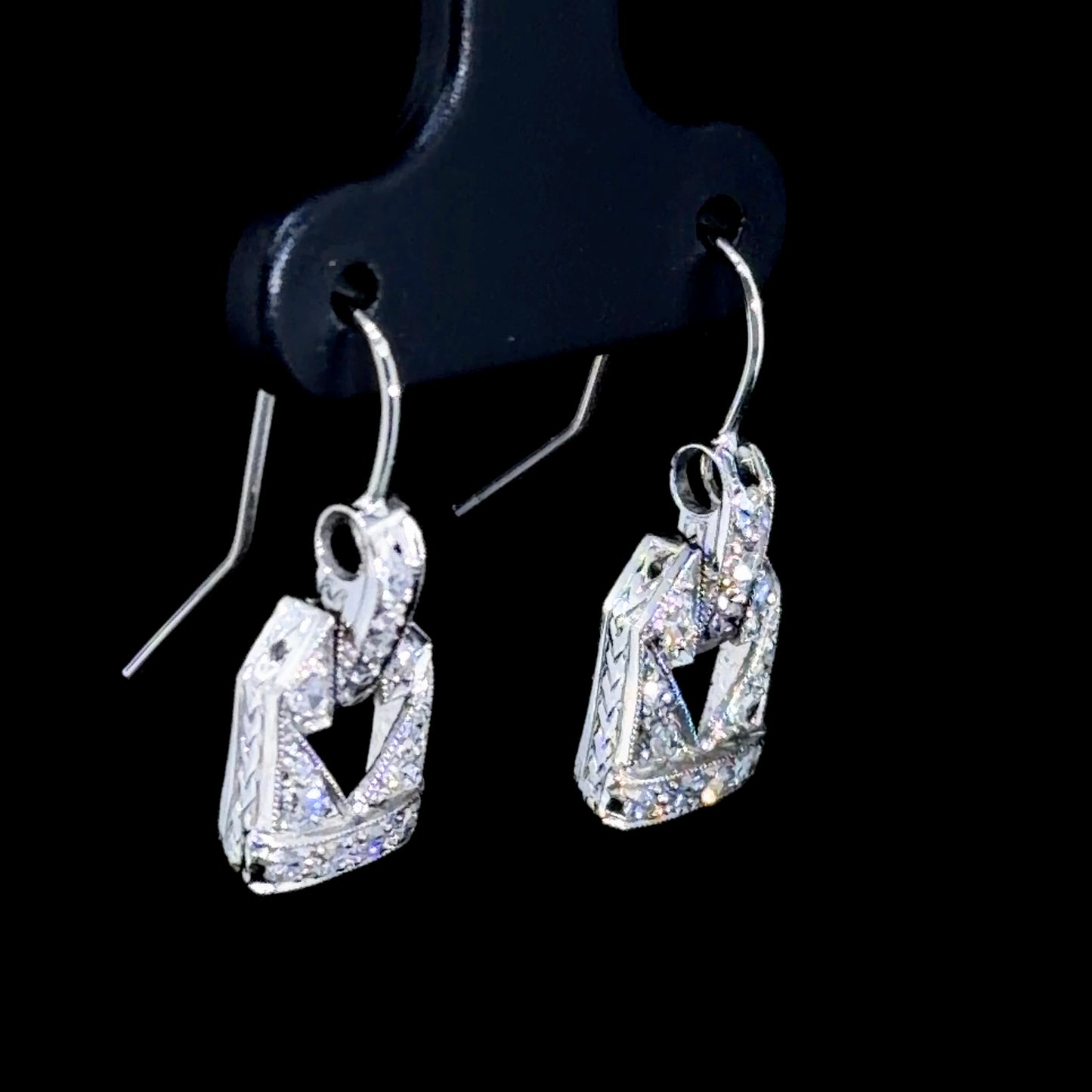 Pretty Platinum & Old Cut Diamond Deco Drop Earrings