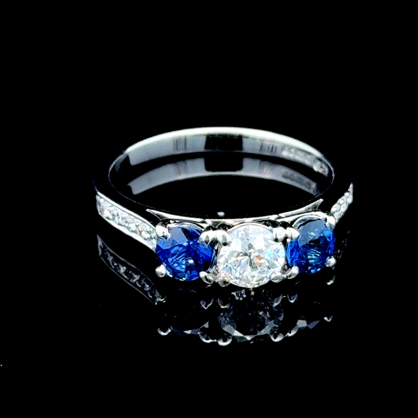 18K White Gold Sapphire & Diamond Trilogy Ring with Diamonds to Shoulders