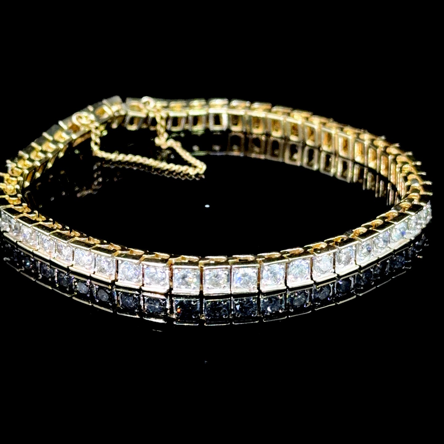 Splendid 14k Yellow Gold Round Cut Diamond Square Link Tennis Bracelet with Safety Chain Appx 4Cts