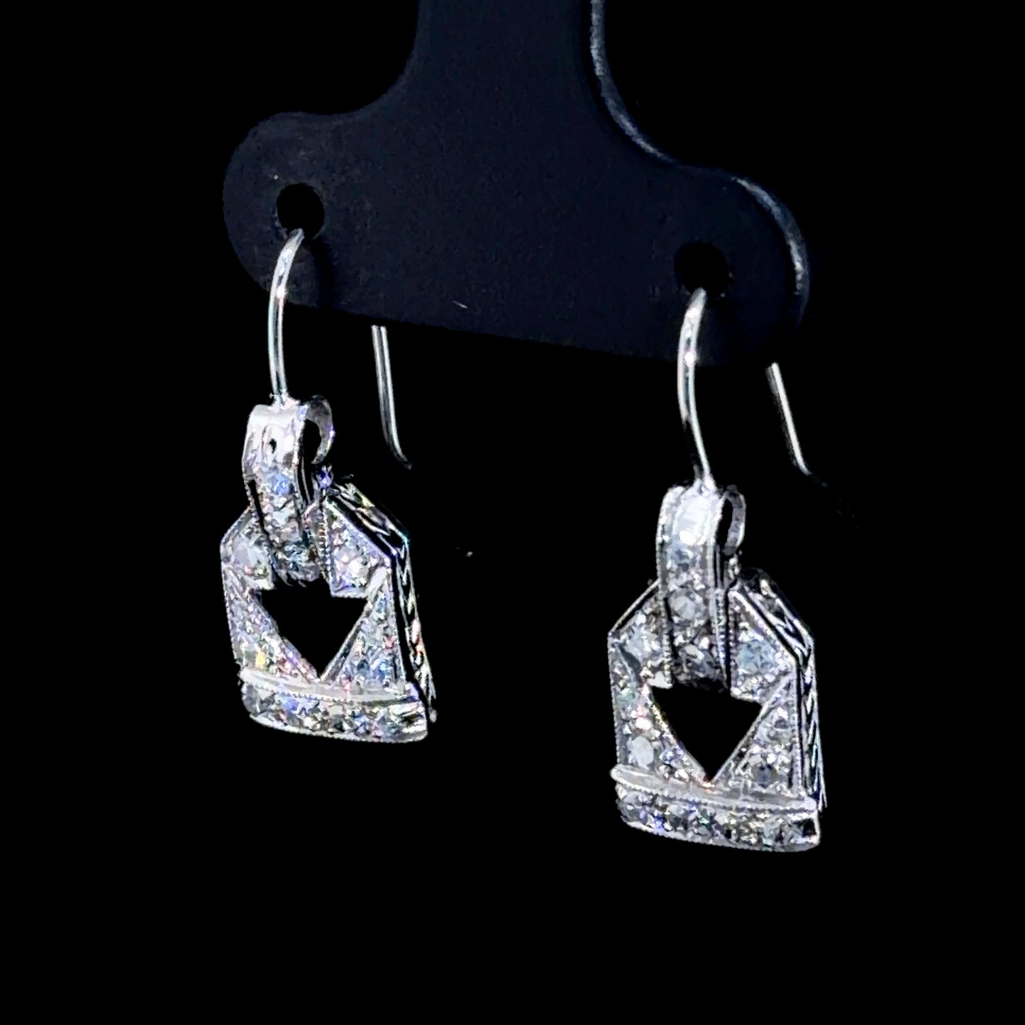 Pretty Platinum & Old Cut Diamond Deco Drop Earrings