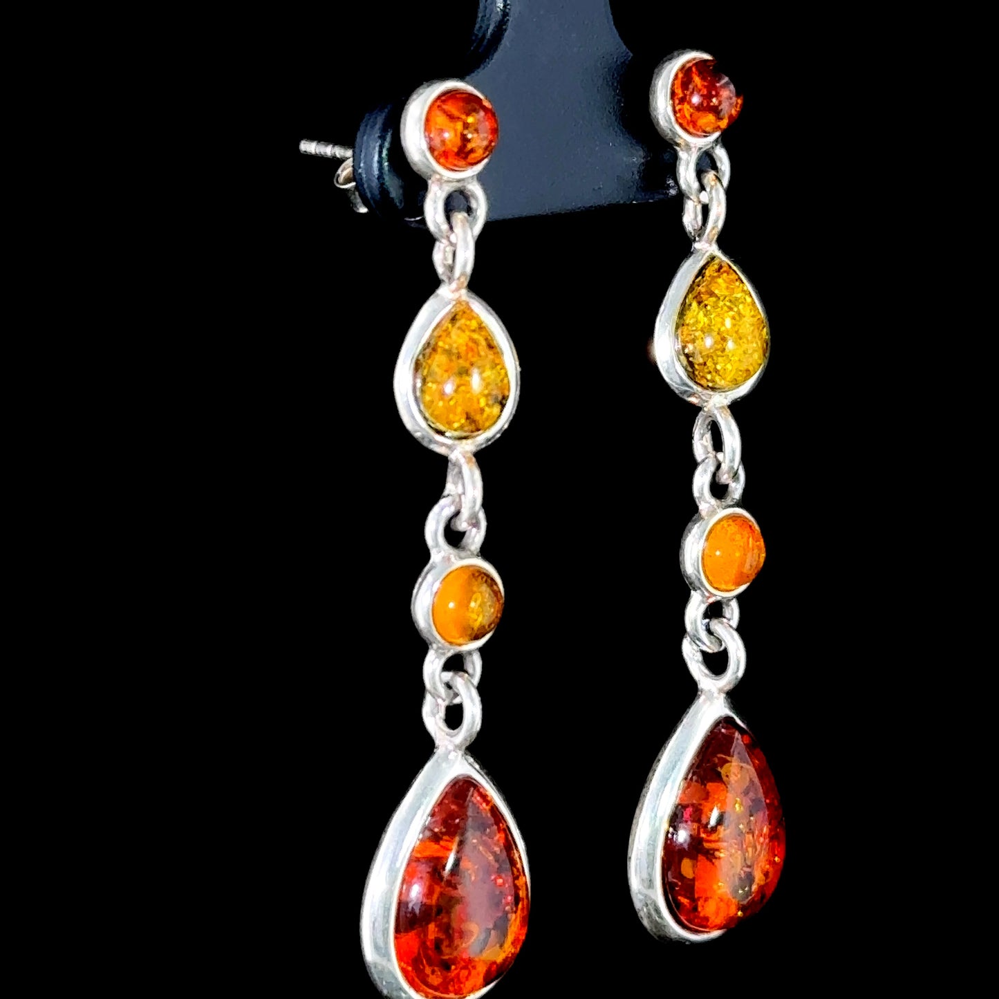 Lovely Silver & Pear Amber Drop Stud Earrings