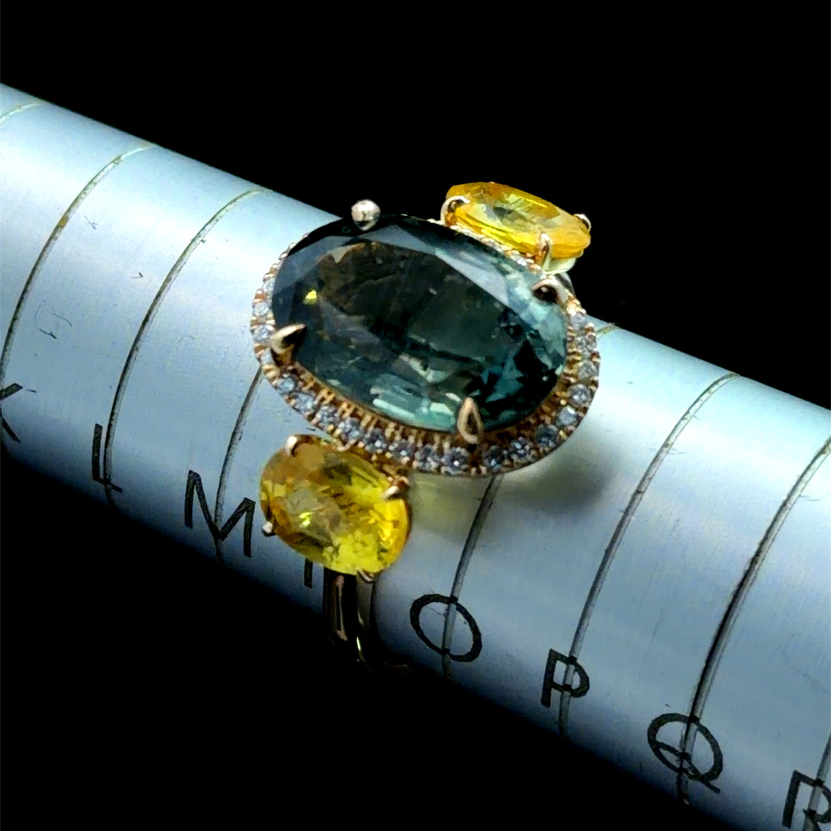 14k Yellow Gold – Striking 6.60ct Green Sapphire Trilogy Ring with 1.0 Cts Of Yellow Sapphires & Diamond Halo RRP £8k