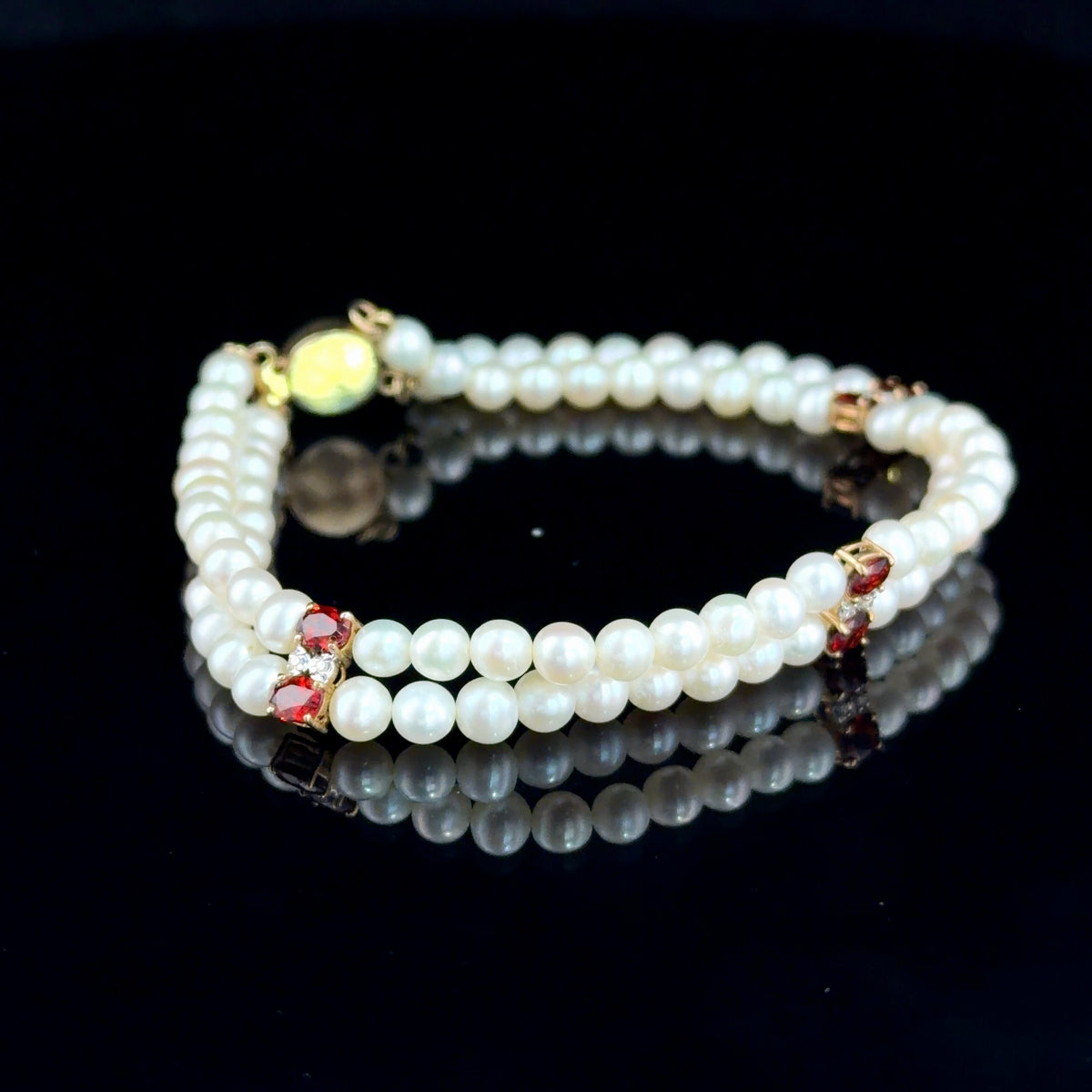 A Very Pretty Double Row Pearl Bracelet Having 14k Yellow Gold Garnet & Diamond Accents & 14k Gold Clasp Part Of The Ronald Charles Collection