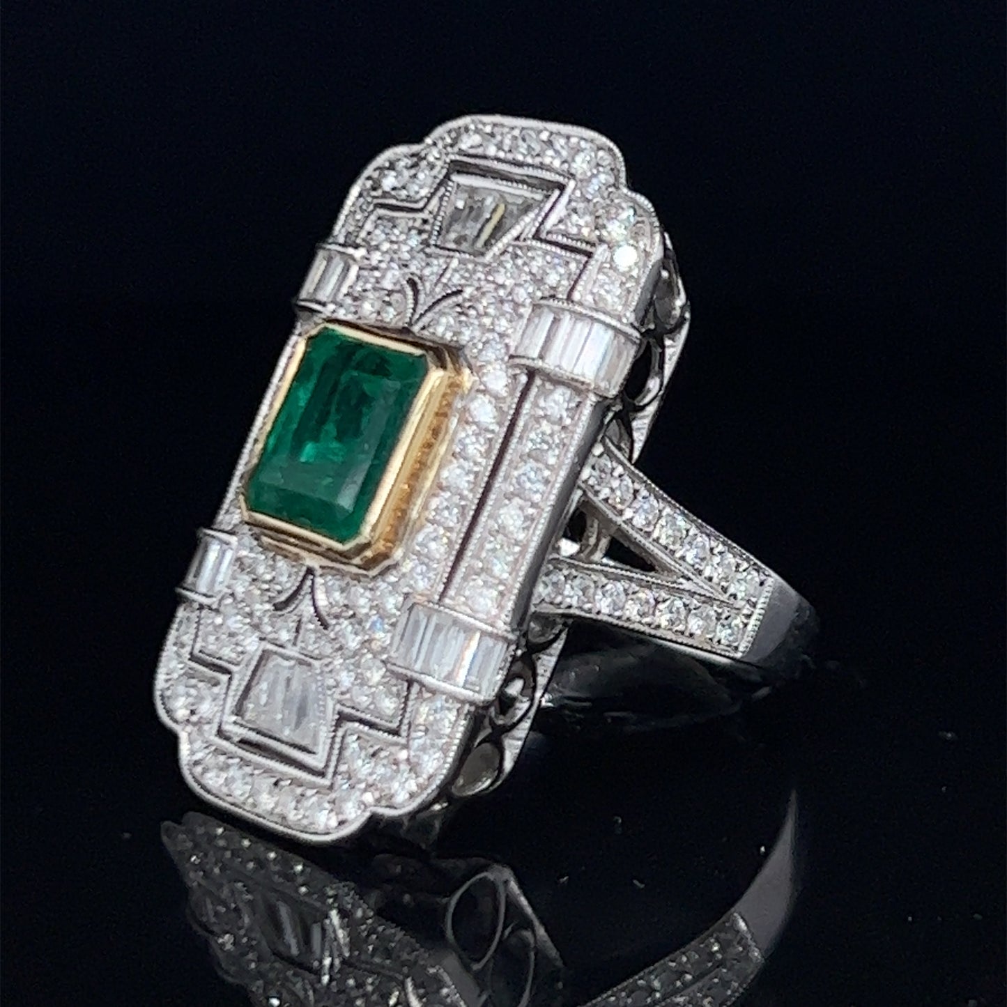 Spectacular 18k White Gold Diamond & Muzo Emerald Deco Style Ring Dia 2.0 Cts Emerald 2.0 Cts With Safeguard certification.