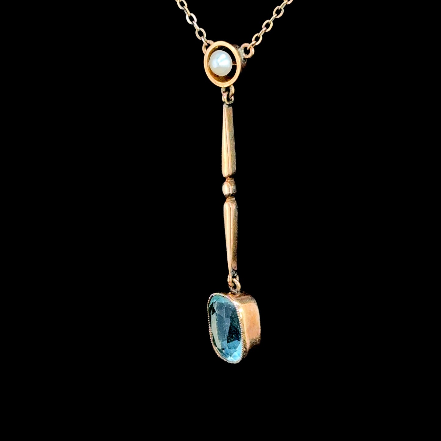 9K Yellow Gold Edwardian Pearl & Aquamarine Pendant & Chain