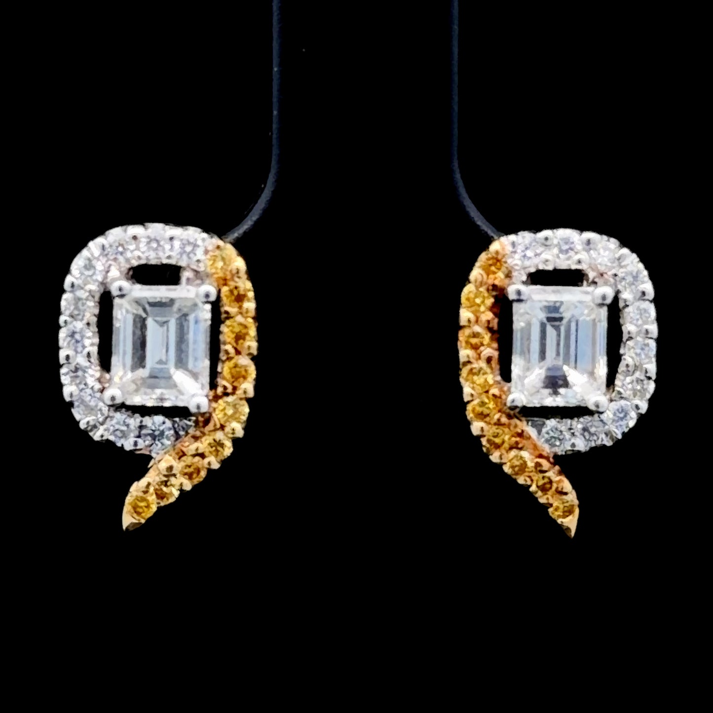 18k Yellow & White Gold Emerald & Round Cut White & Yellow Diamond Stud Earrings Appx 1.5 Cts Total