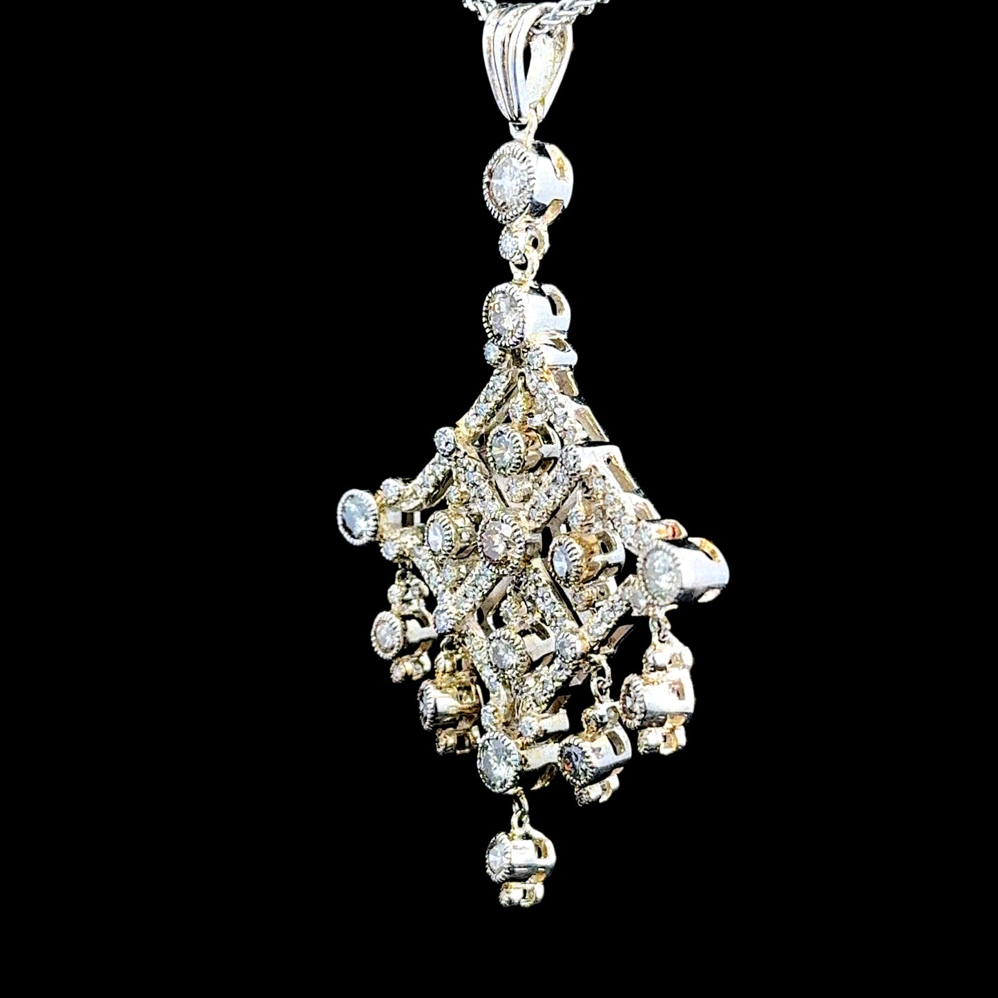 14K White Gold Diamond Chandelier Pendant & 9K White Gold Chain APPX 2.6 CTS The Ronald Charles Collection