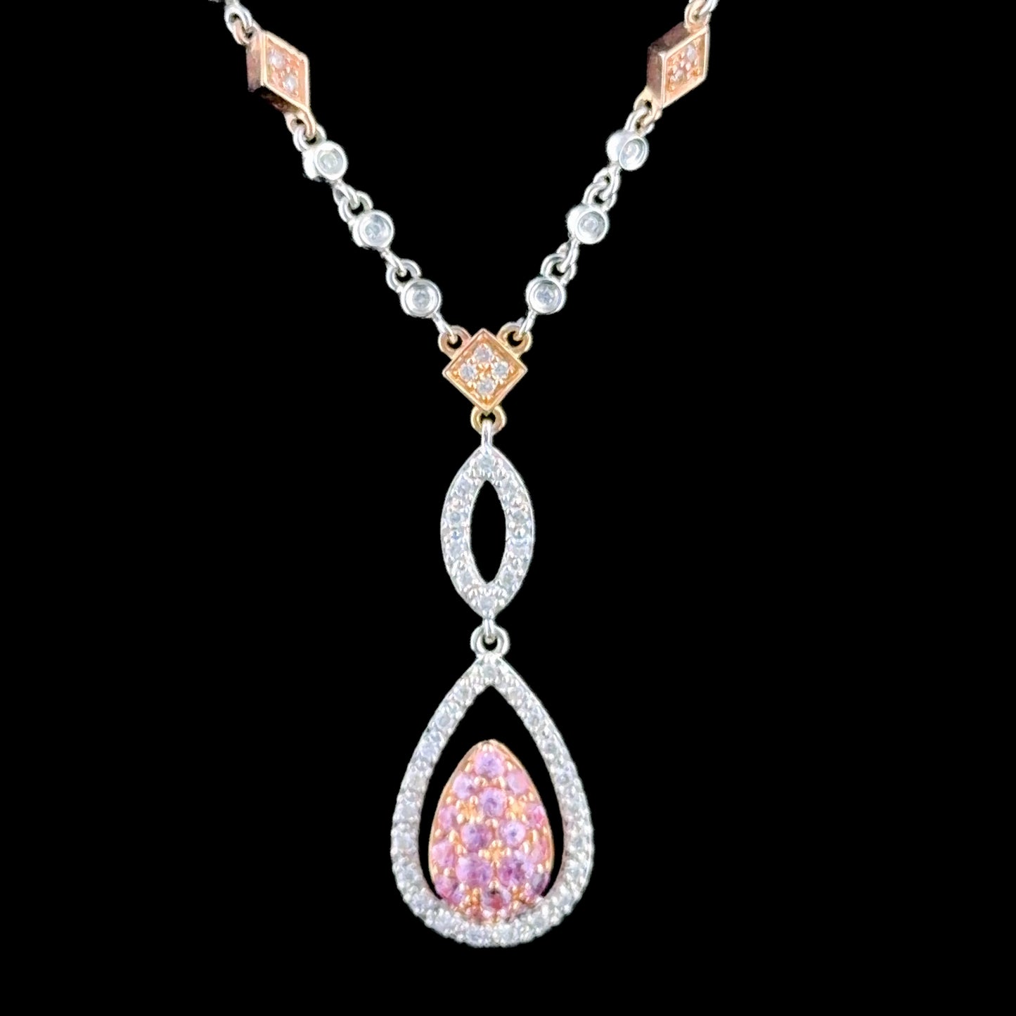 Sweet 14 k White & Rose Gold Diamond & Pink Sapphire Drop Pendant & Heart Earring Suite