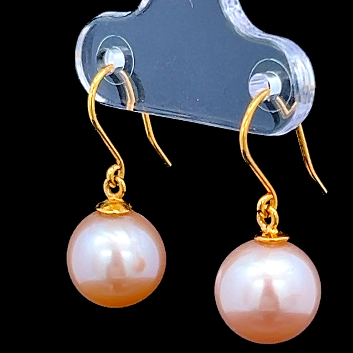 18K Yellow Gold Pink Pearl Hook Drop Earrings 8mm