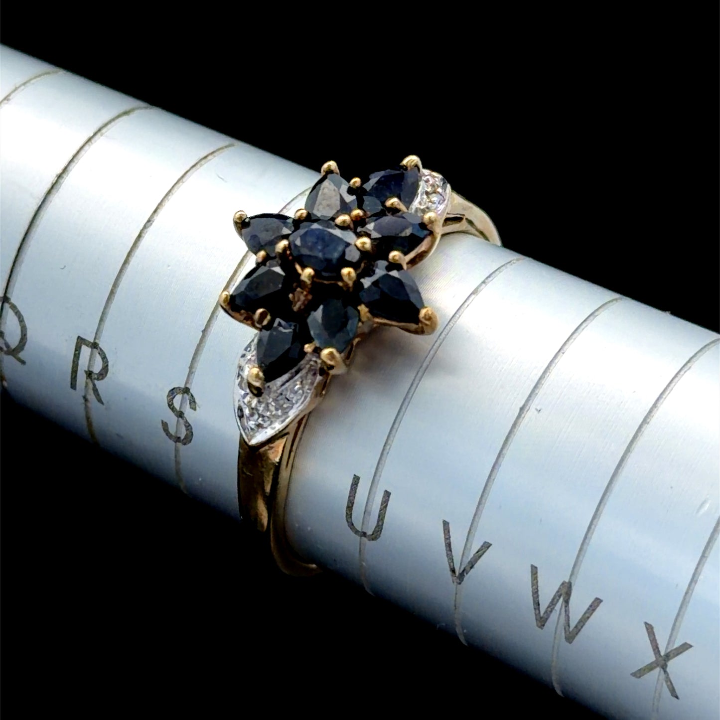 9k Yellow Gold Sapphire & Diamond Flower Ring