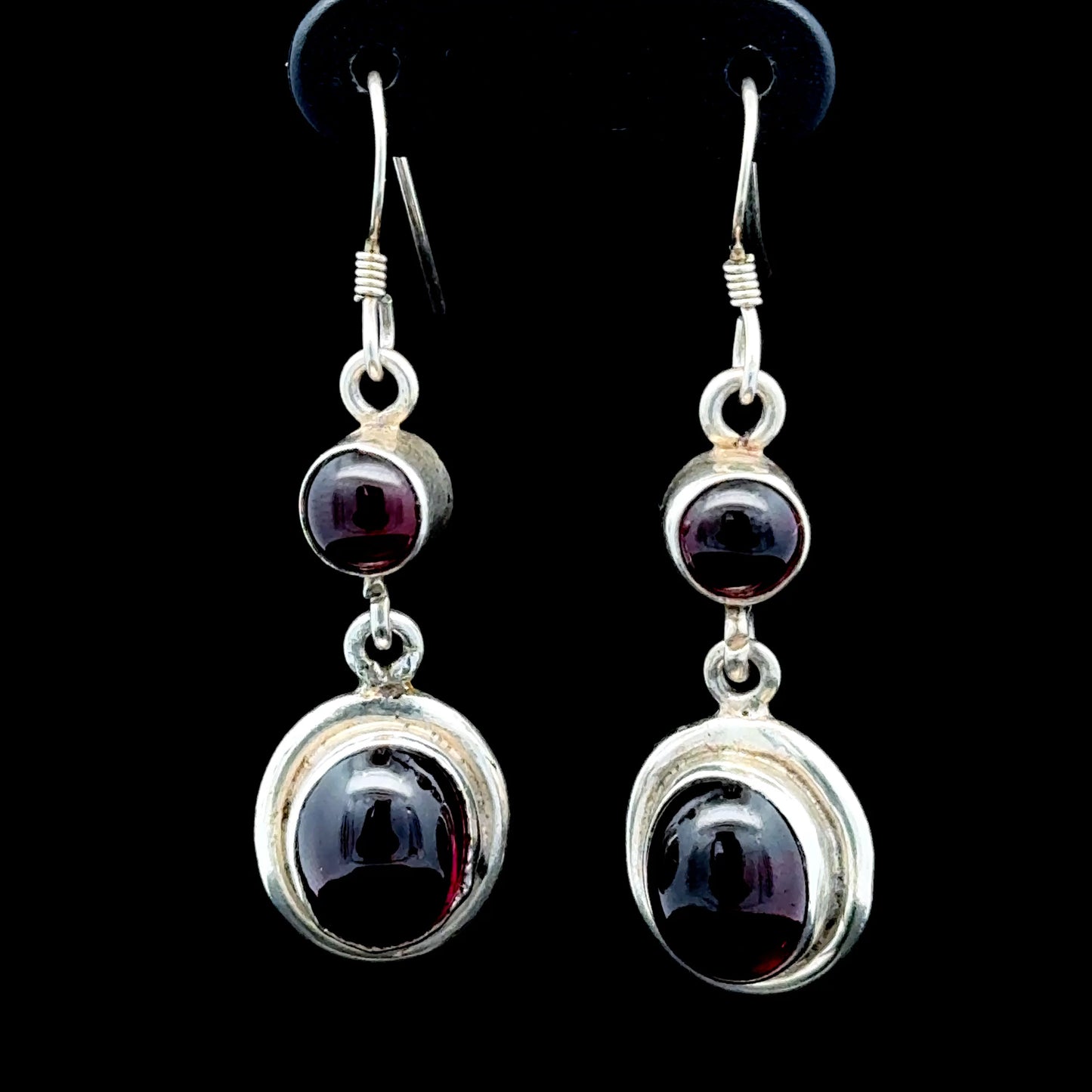 Silver Cabachon Garnet Drop Hook Earrings