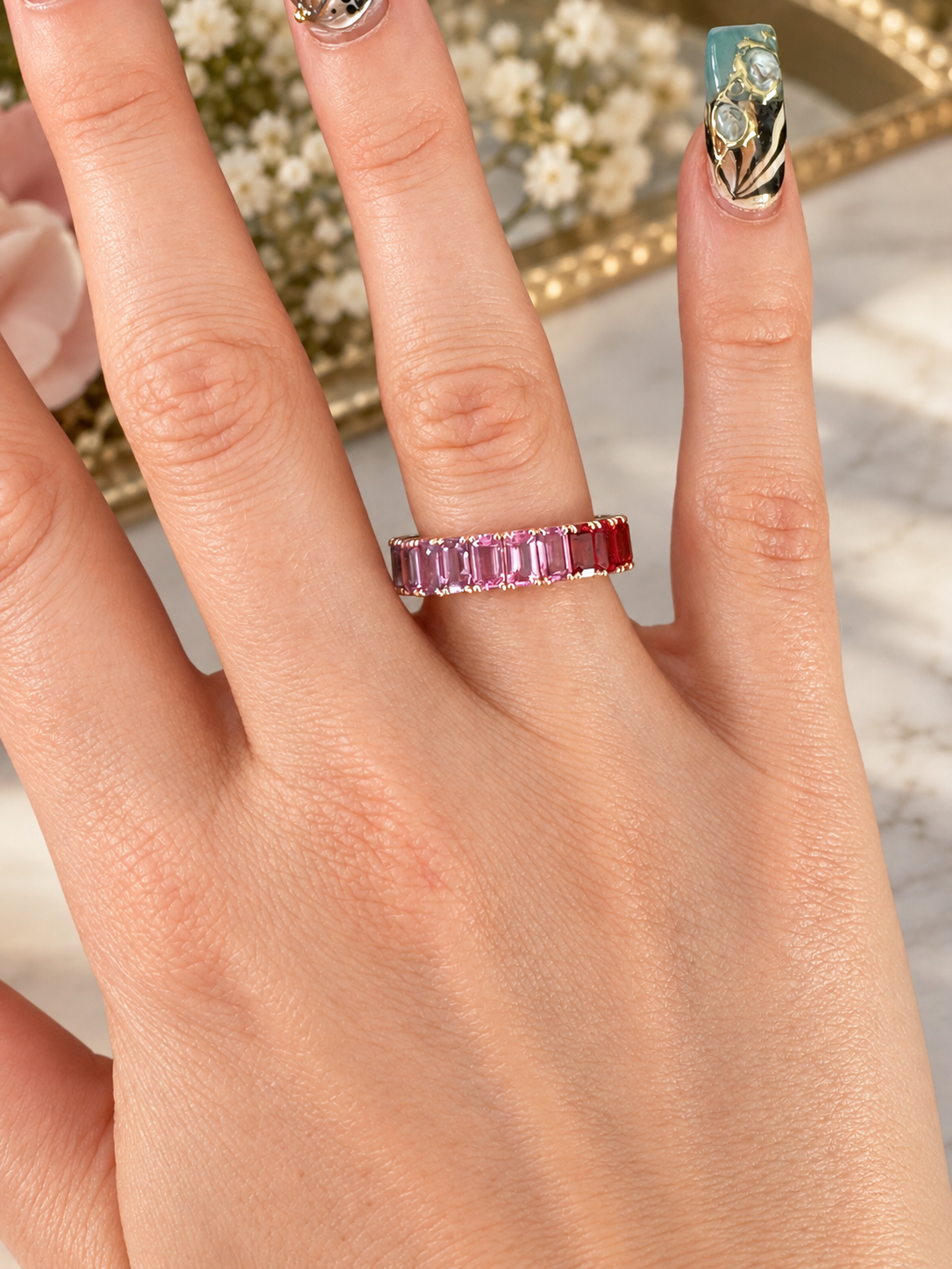 18k Rose Gold Rainbow Sapphire Full Eternity Ring APPX 7.75CTS