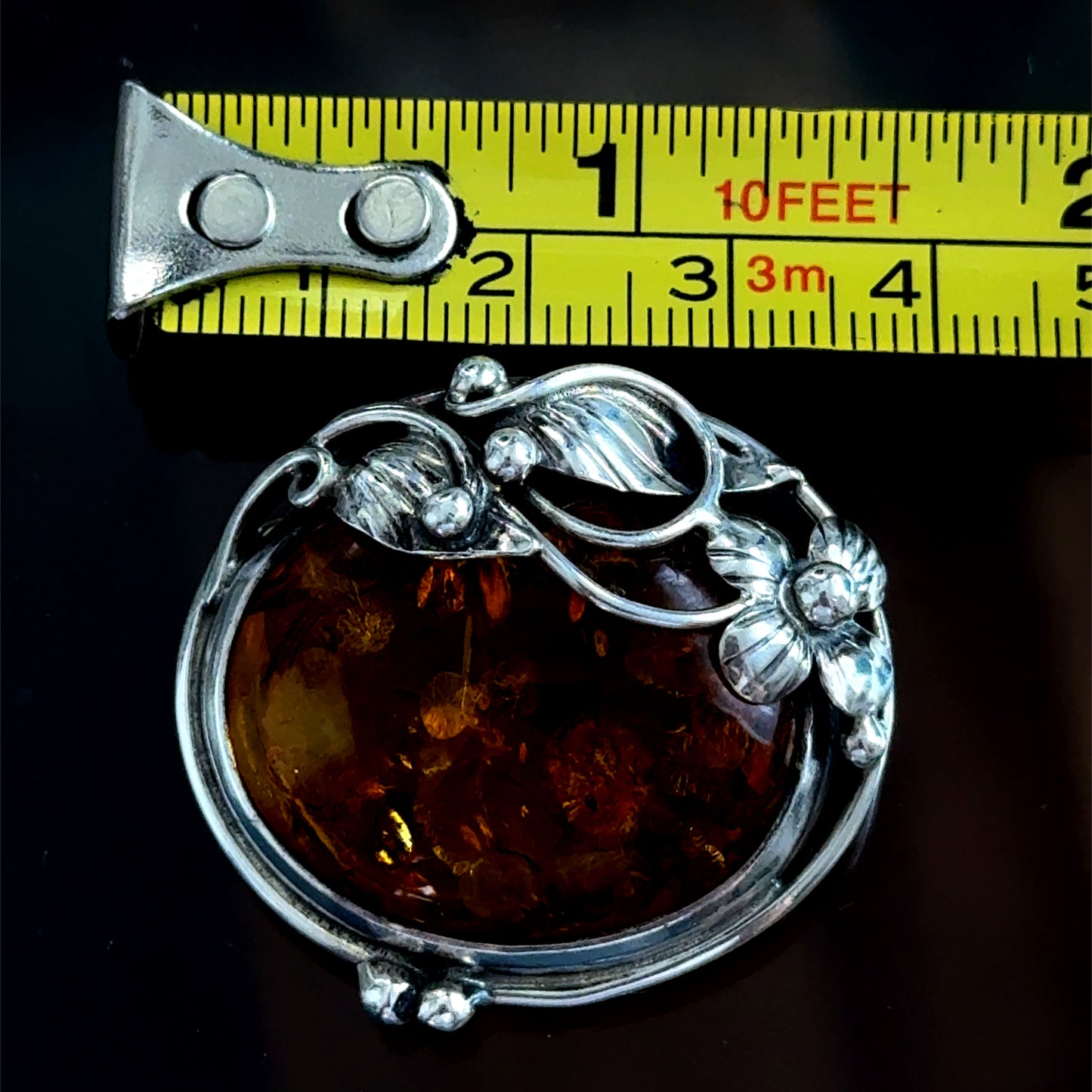 Silver Flower Vine Baltic Amber Brooch