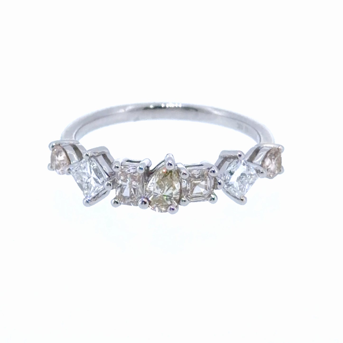 Platinum 7 Stone Diamond Ring Pink Yellow & White Pear, Emerald & Princess Cut stones Appx 1.2Cts