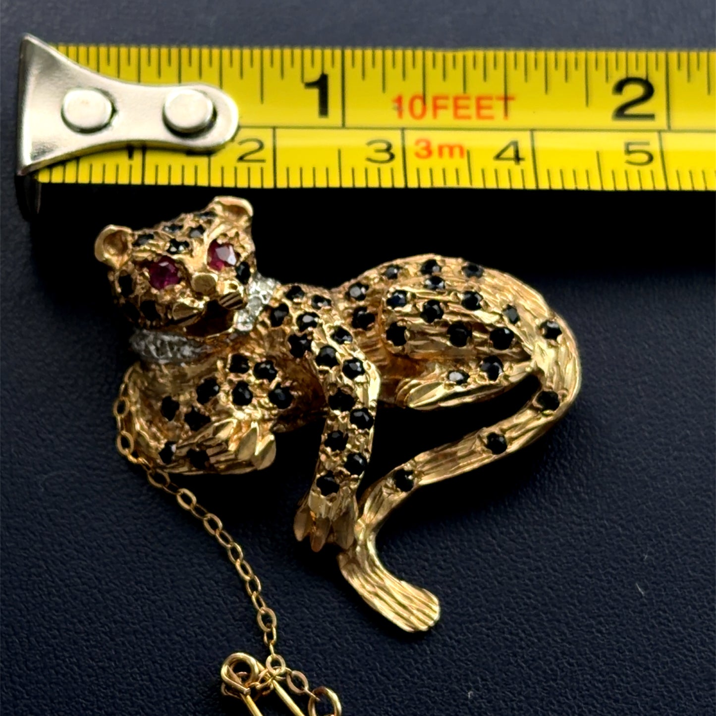 Vintage 9k Yellow Gold Ruby Diamond & Sapphire Brooch In The Form Of A Leopard