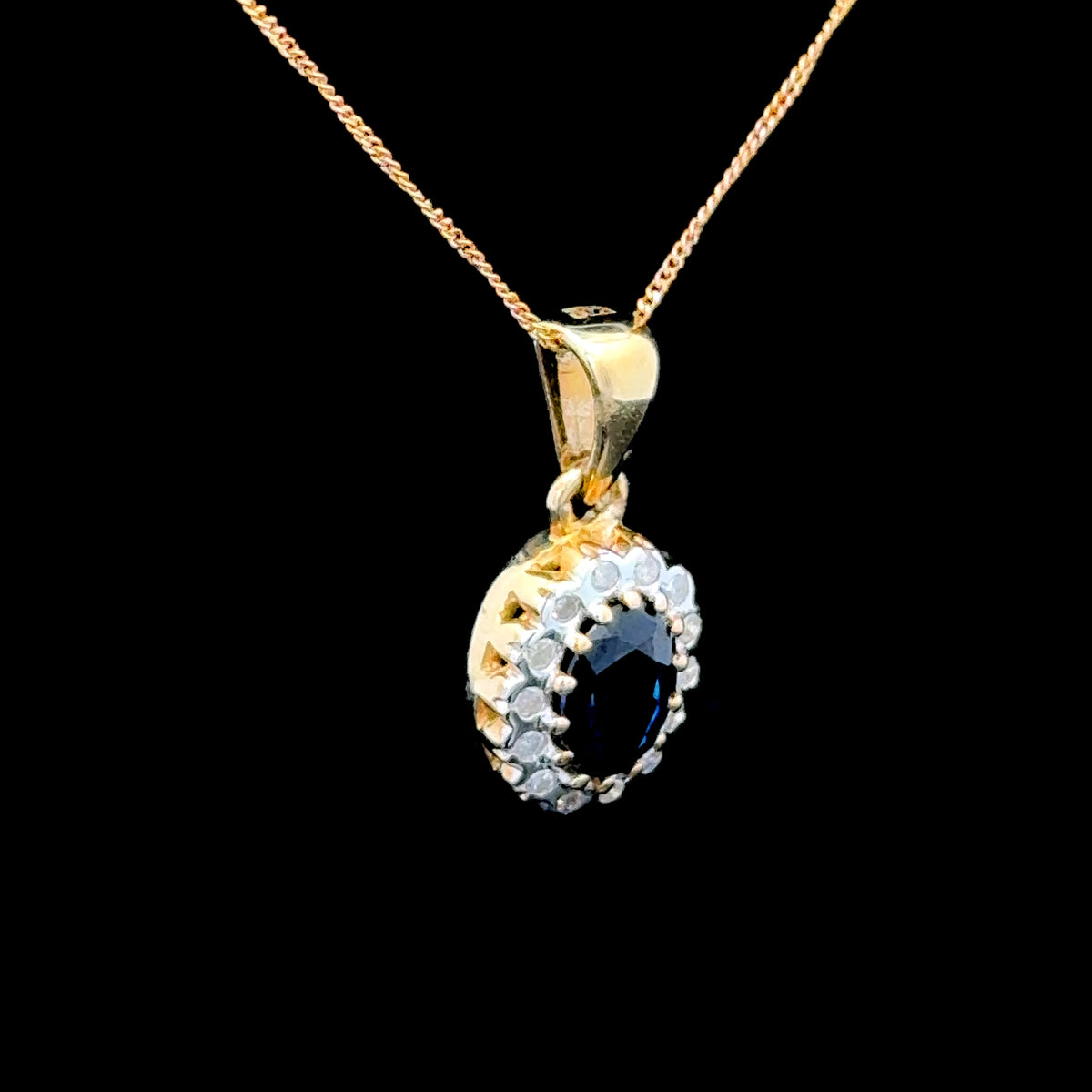 9K Yellow Gold Sapphire & Diamond Cluster Pendant & Chain