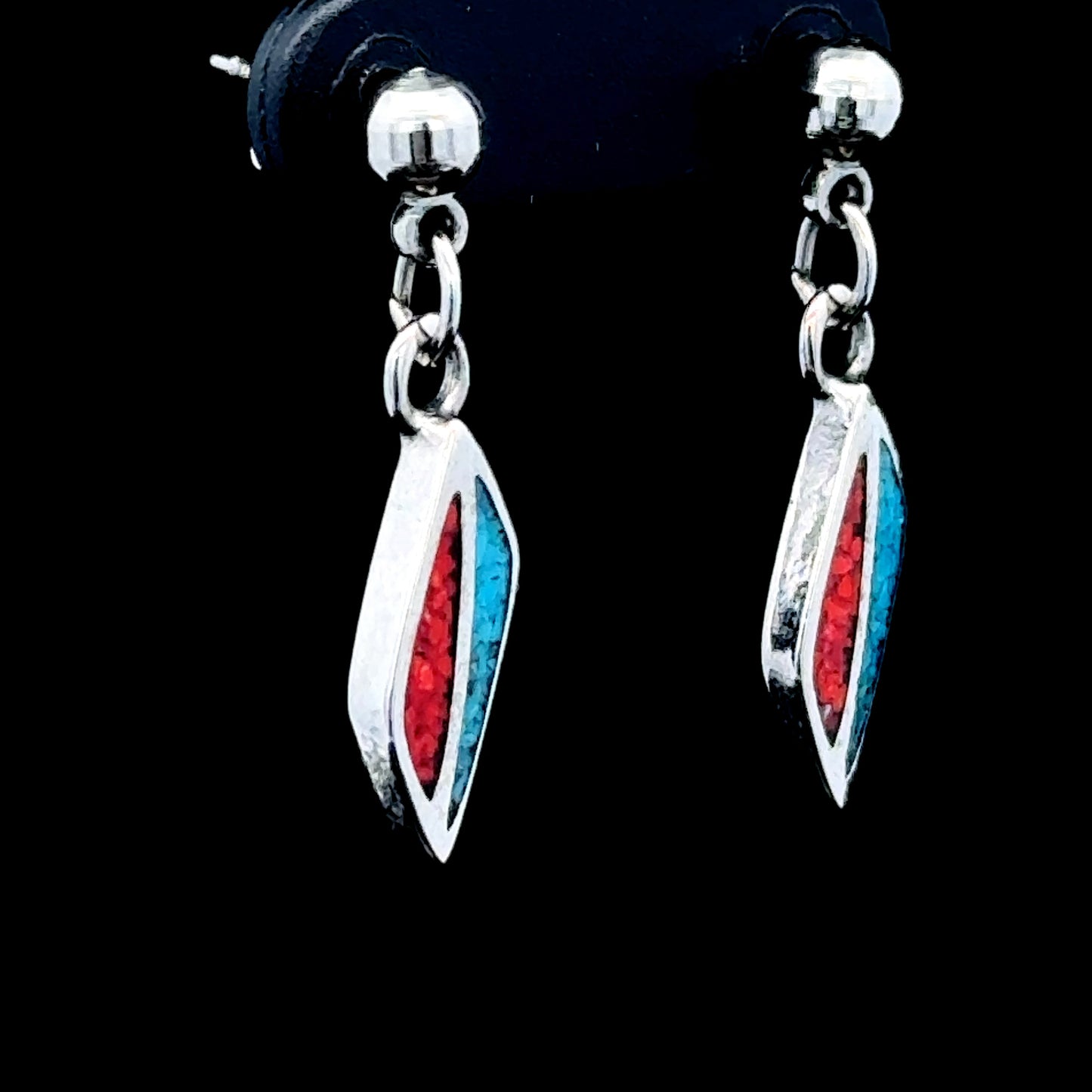 Silver with Mosaics of Coral & Turquoise Dangle Studs